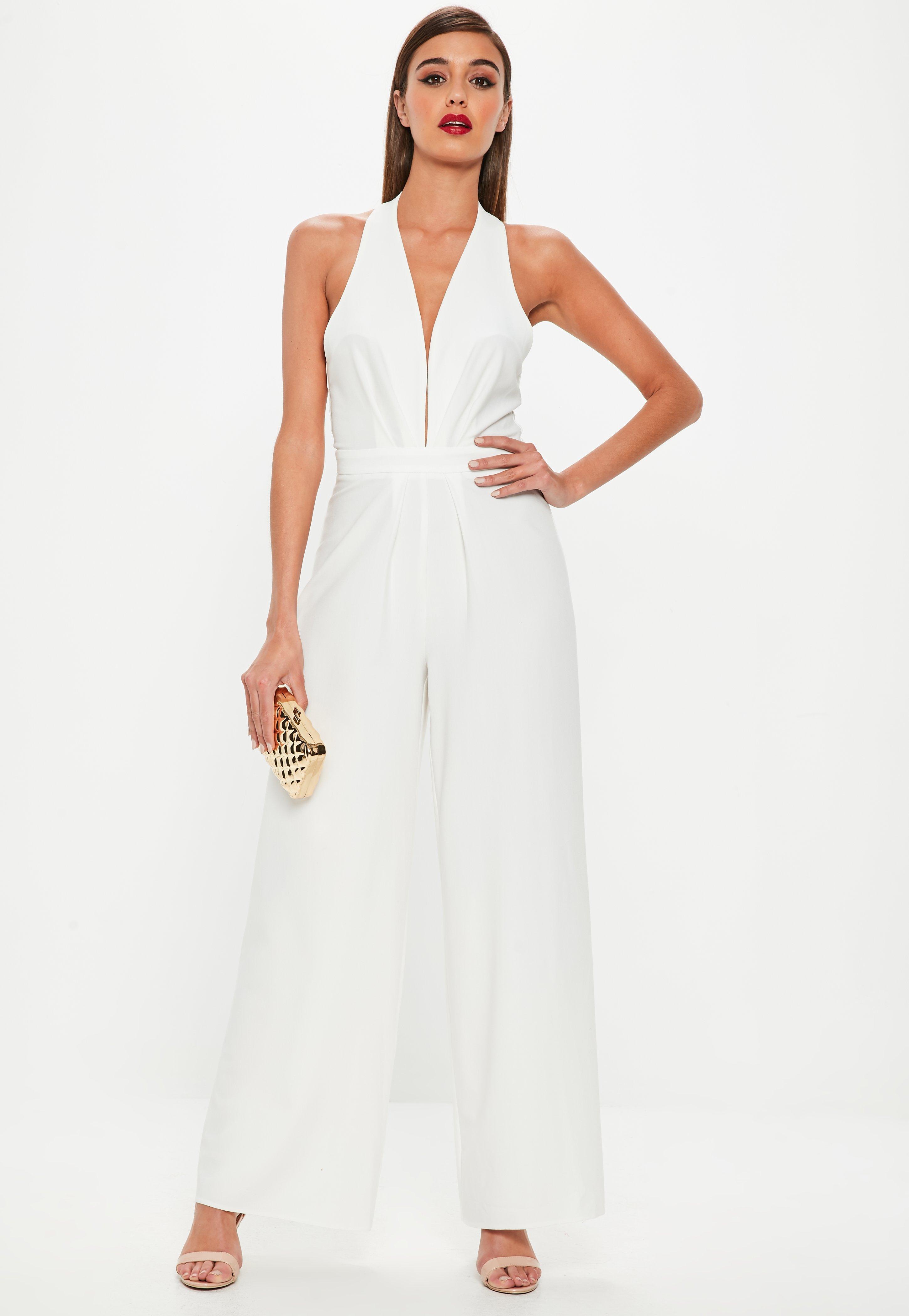 Missguided Synthetic White Pleated Halter Neck Wide Leg Jumpsuit - Lyst