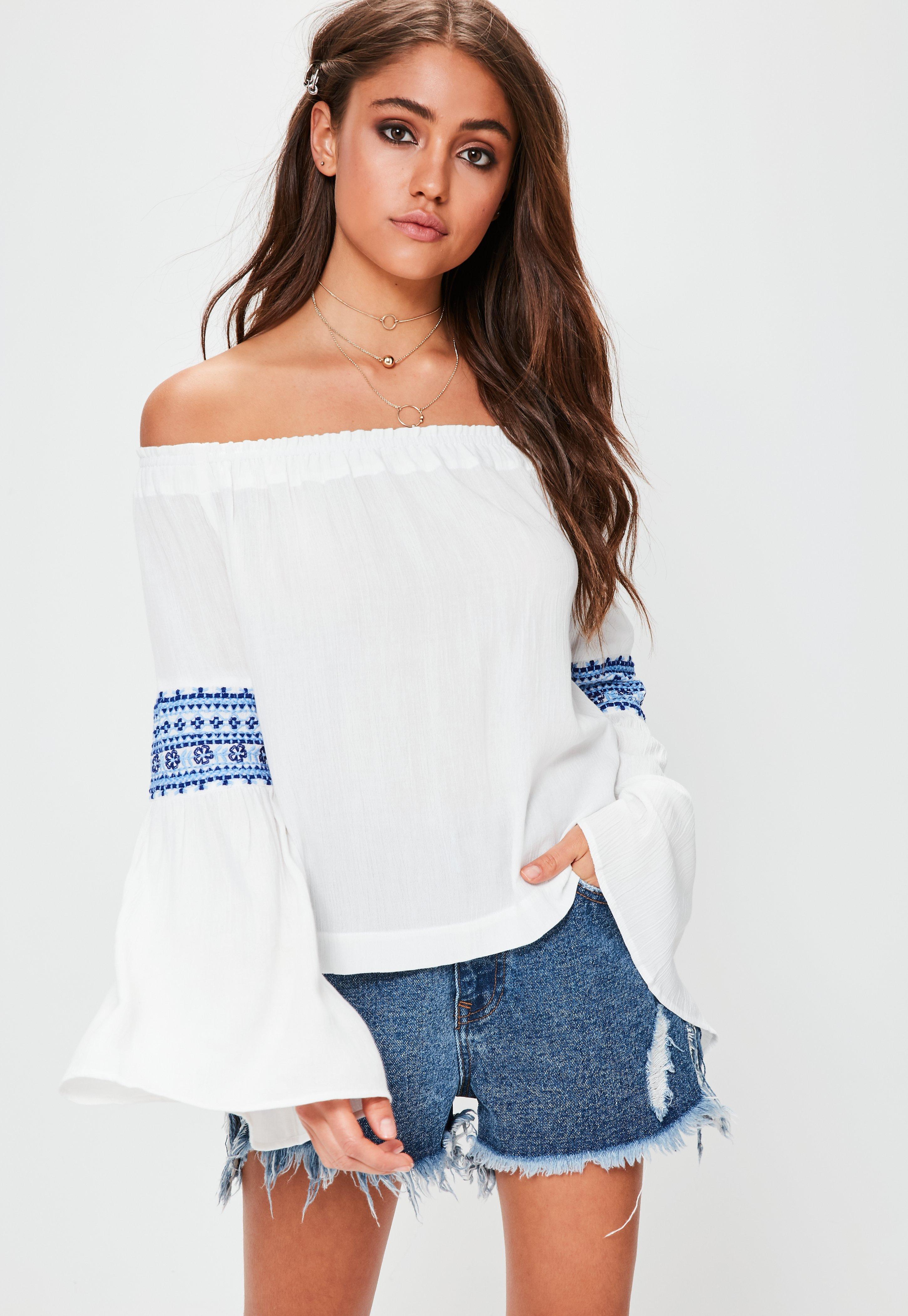 Missguided White Embroidered Cheesecloth Bardot Top - Lyst
