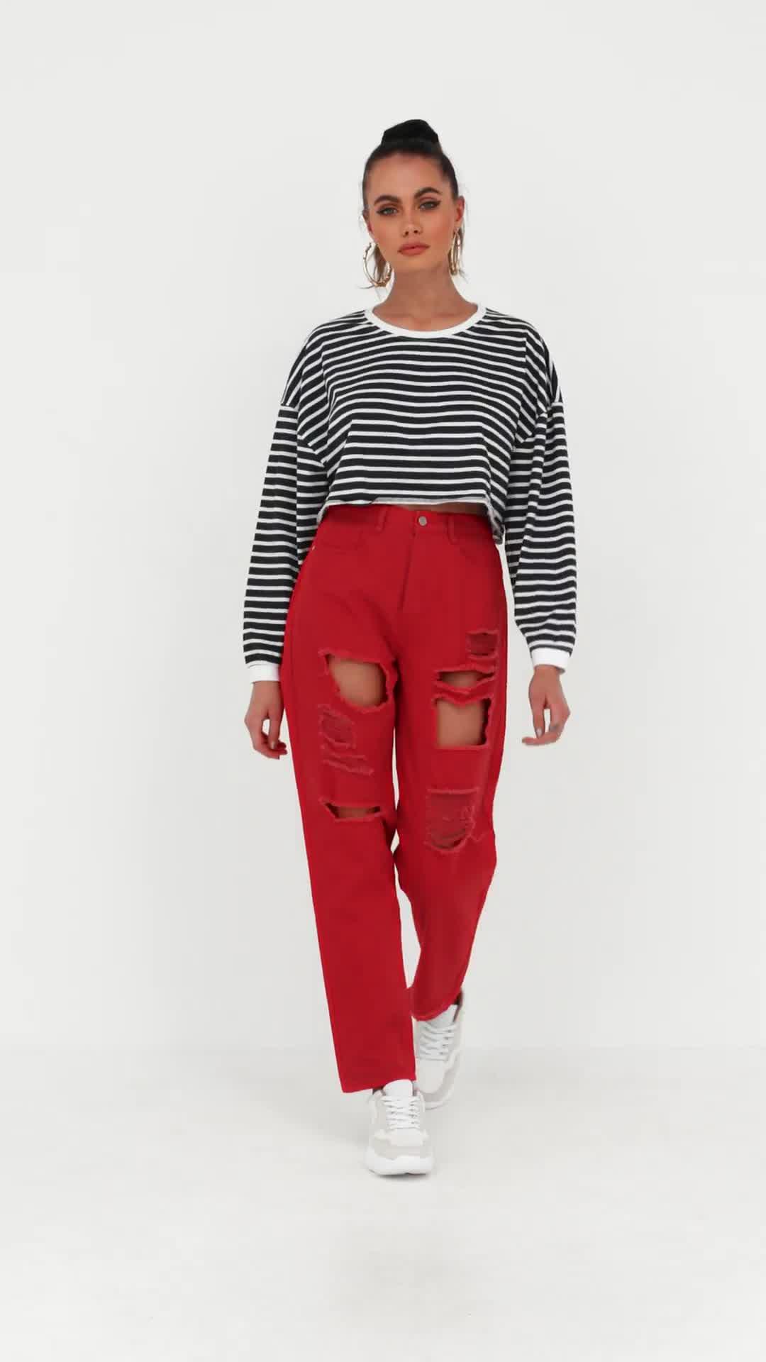 mom jeans red