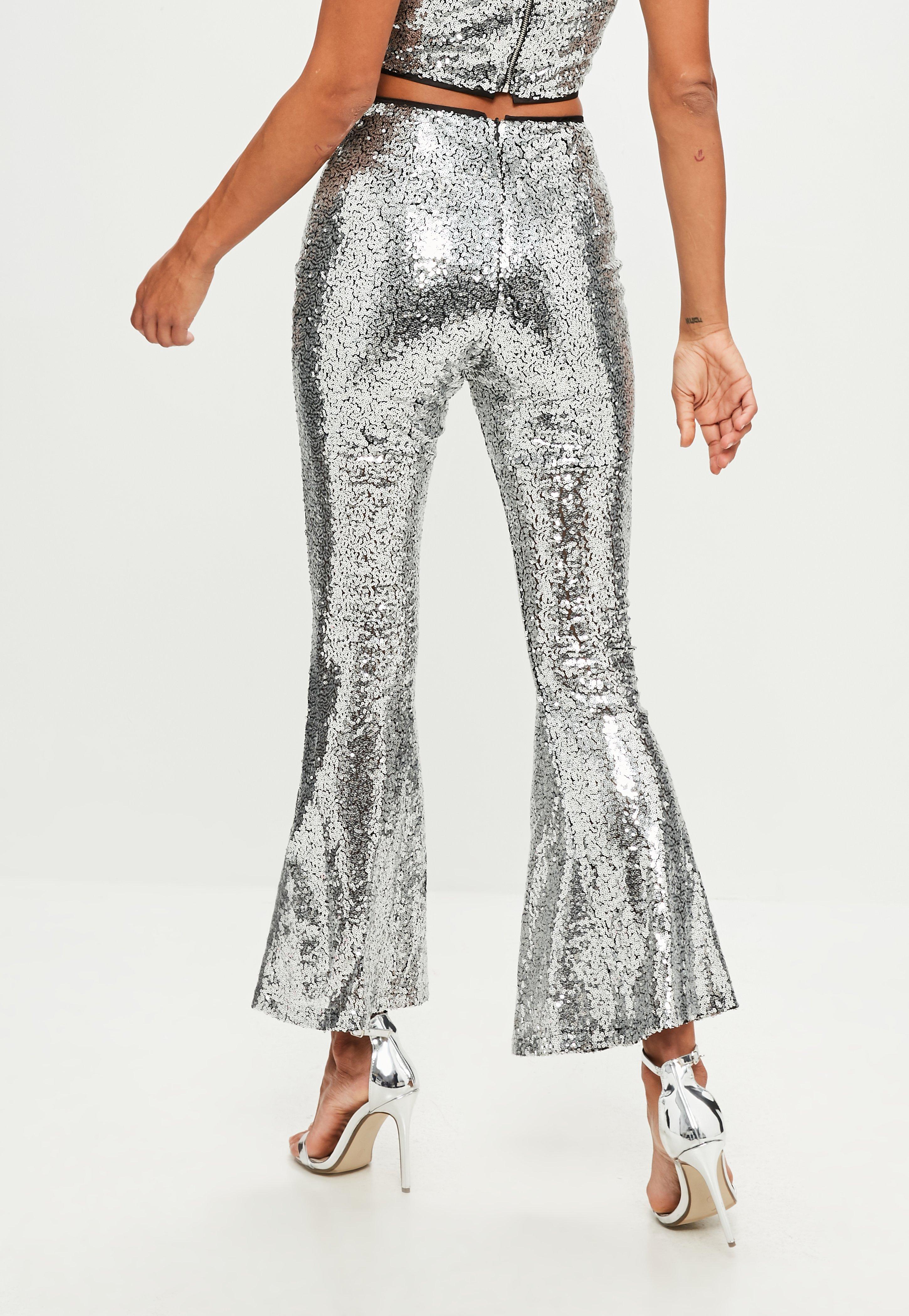 Missguided Synthetic Petite Silver Sequin Flare Trouser in Metallic - Lyst