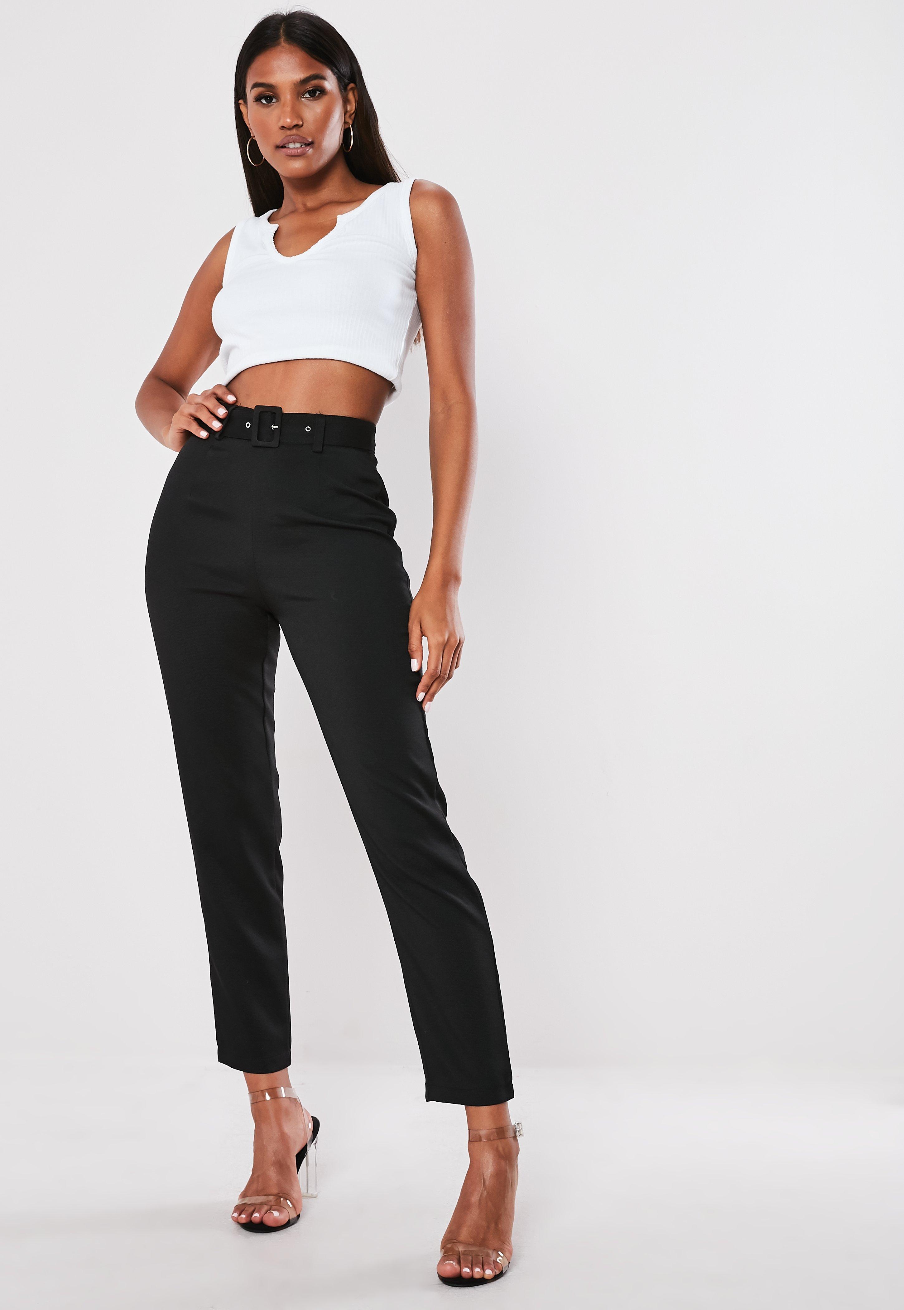 Missguided Synthetic Petite Black Belted Cigarette Pants - Lyst