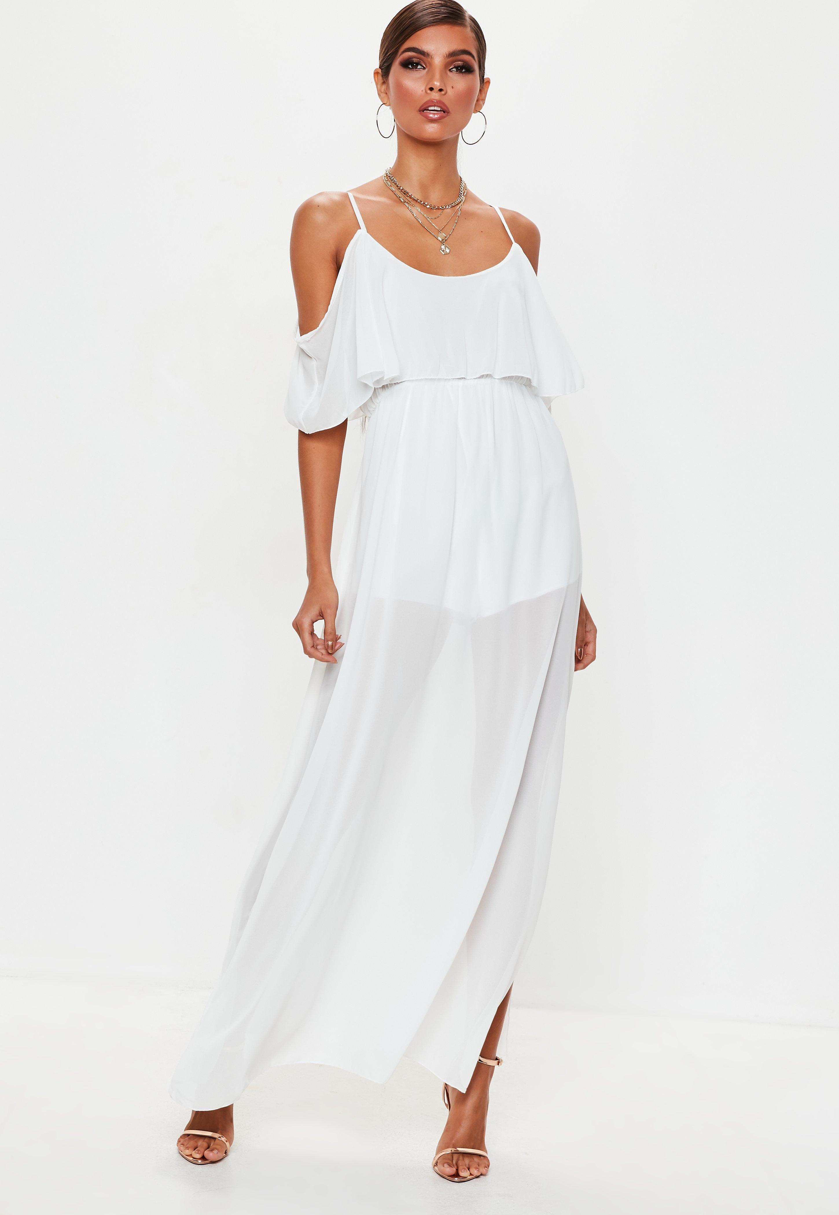 white cold shoulder maxi dress