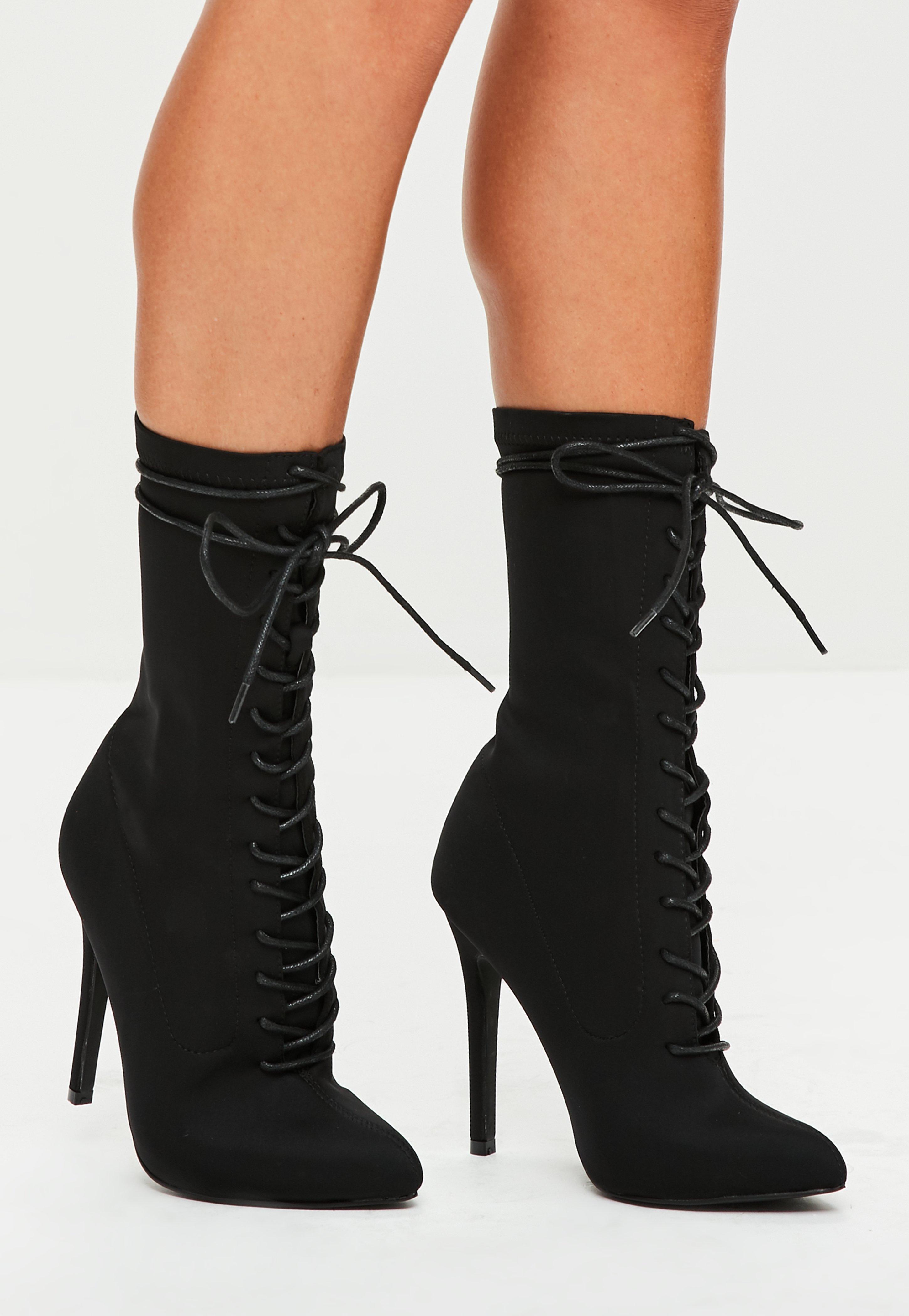 Lyst - Missguided Black Corset Lace Up Pointed Boots in Black