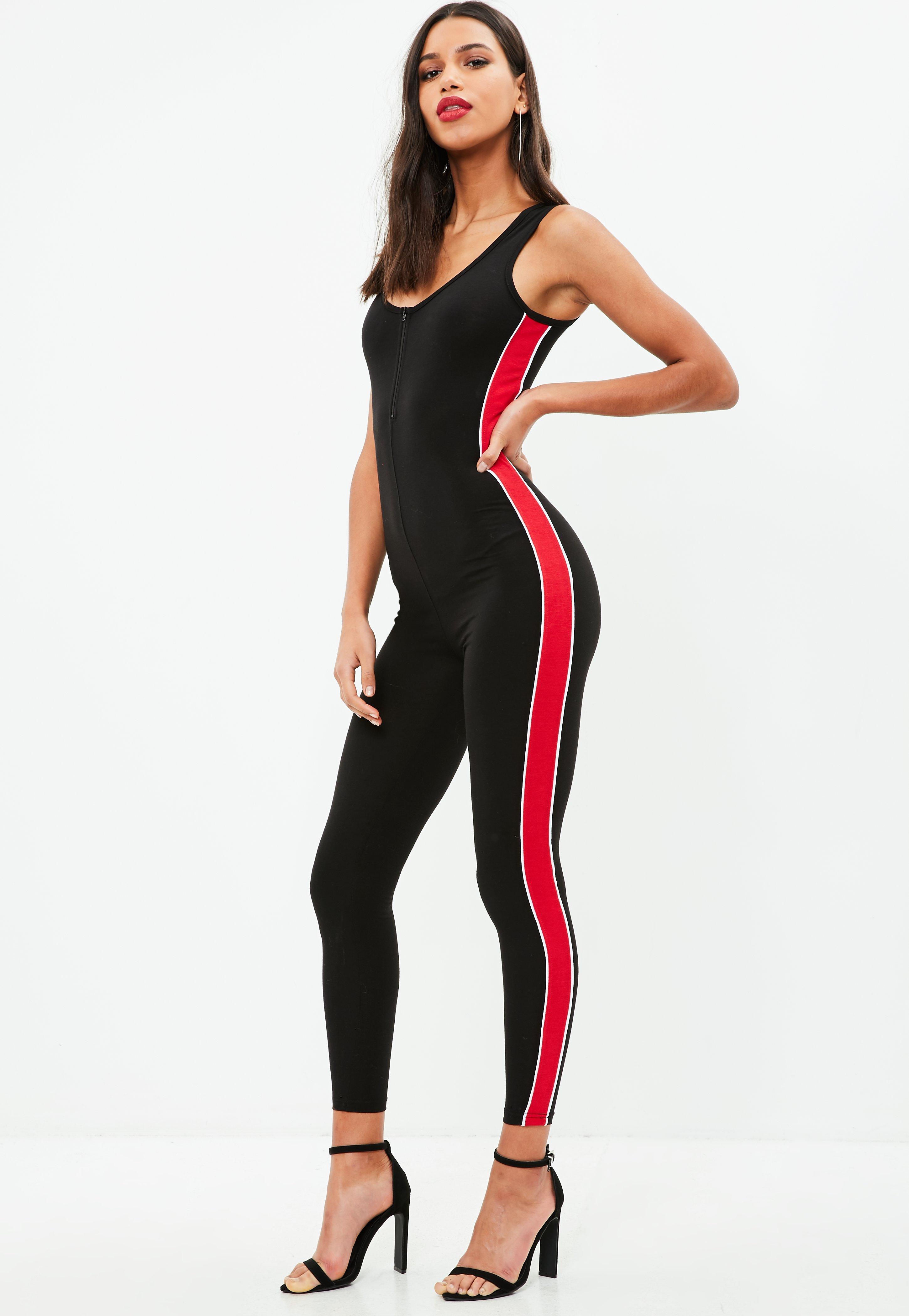Missguided Synthetic Black Zip Front Red Stripe Jumpsuit - Lyst