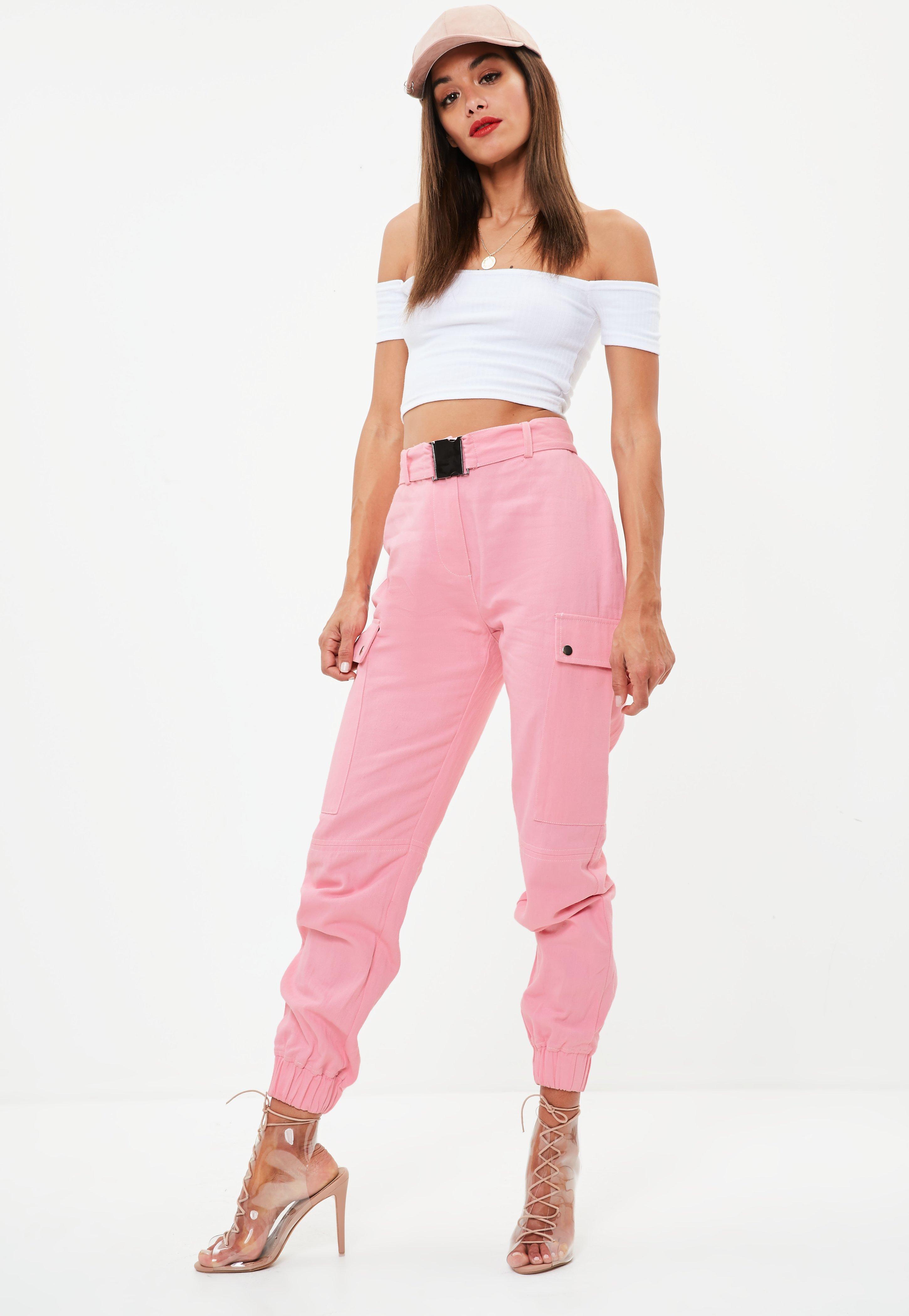Pink Buckle Detail Utility Trousers - Lyst