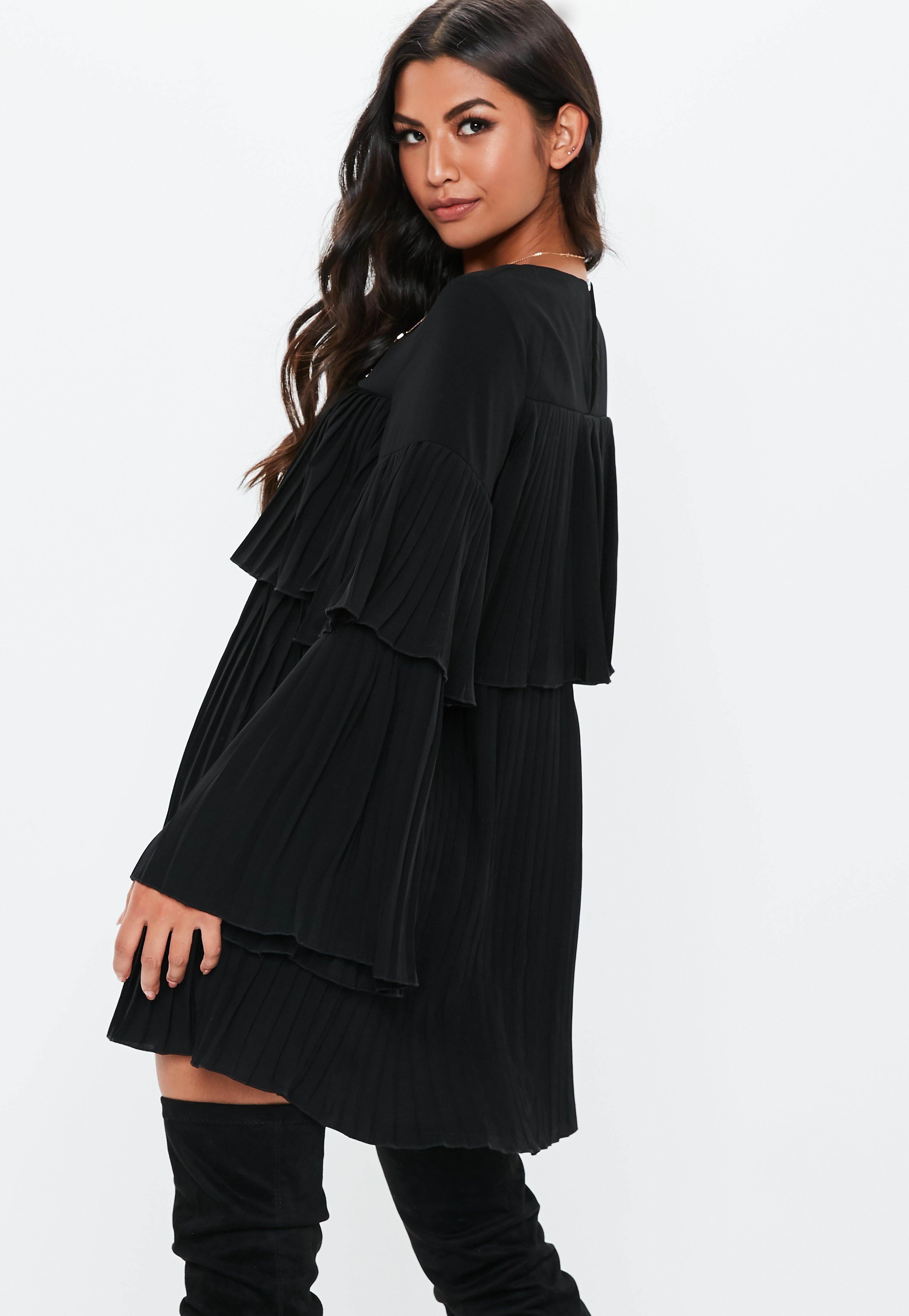 black pleated layered smock dress