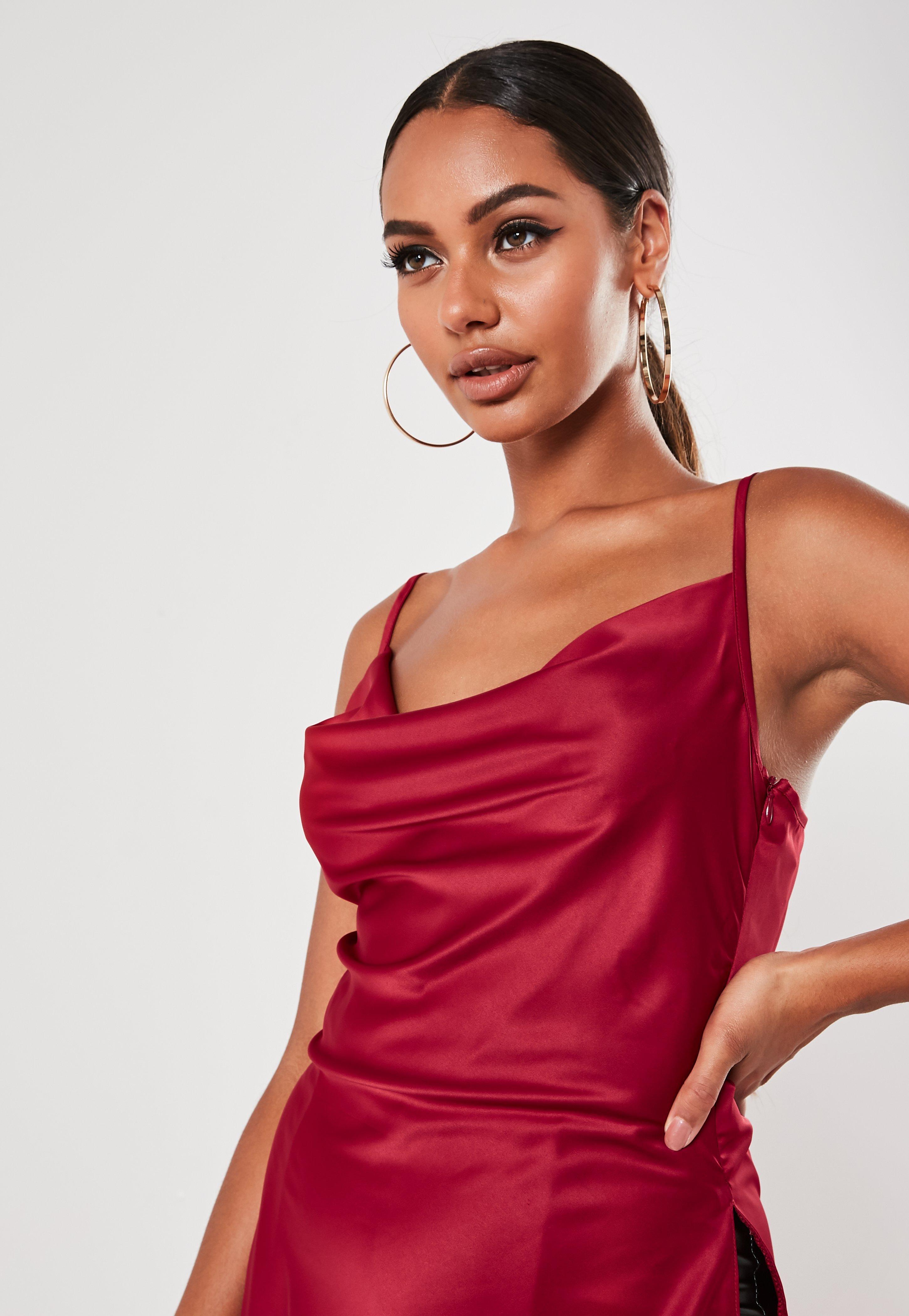 red satin cowl neck top