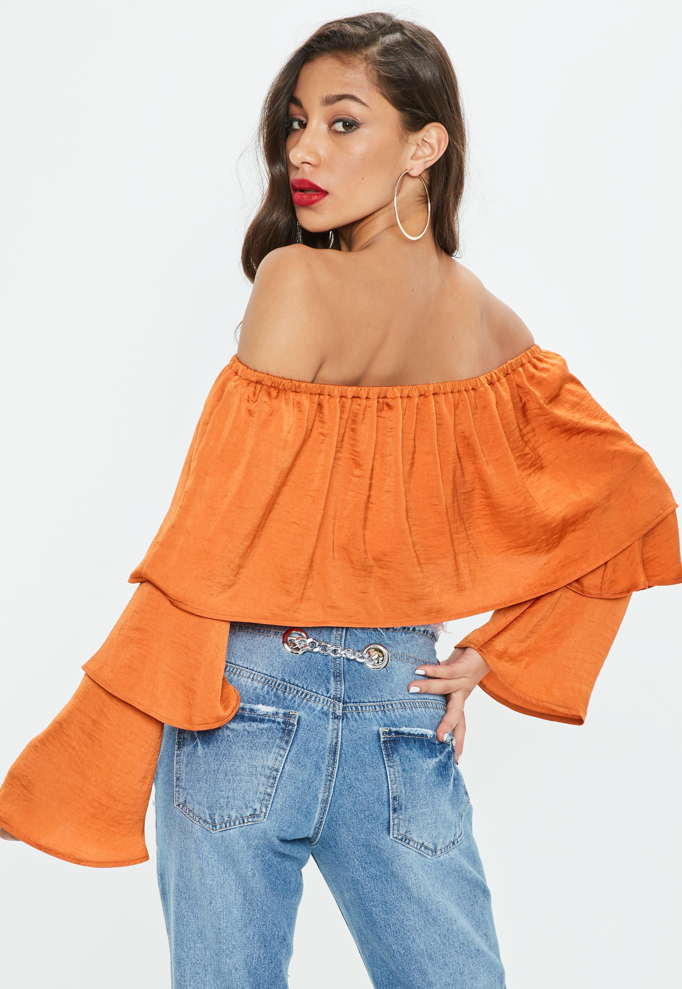 Missguided Orange Satin Tiered Sleeve Bardot Crop Top Lyst