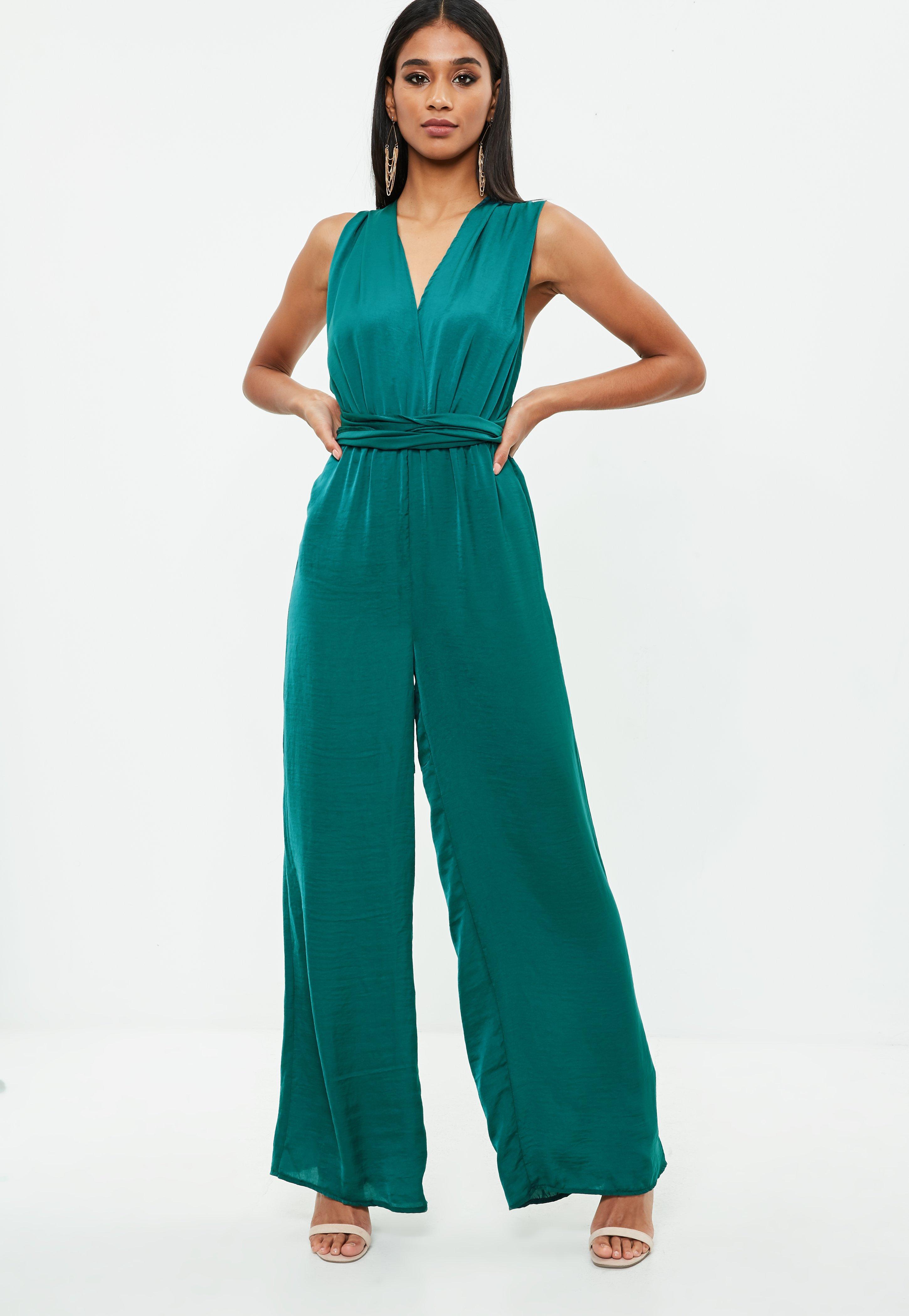 Lyst - Missguided Green Satin Multi Way Wide Leg Jumpsuit in Green