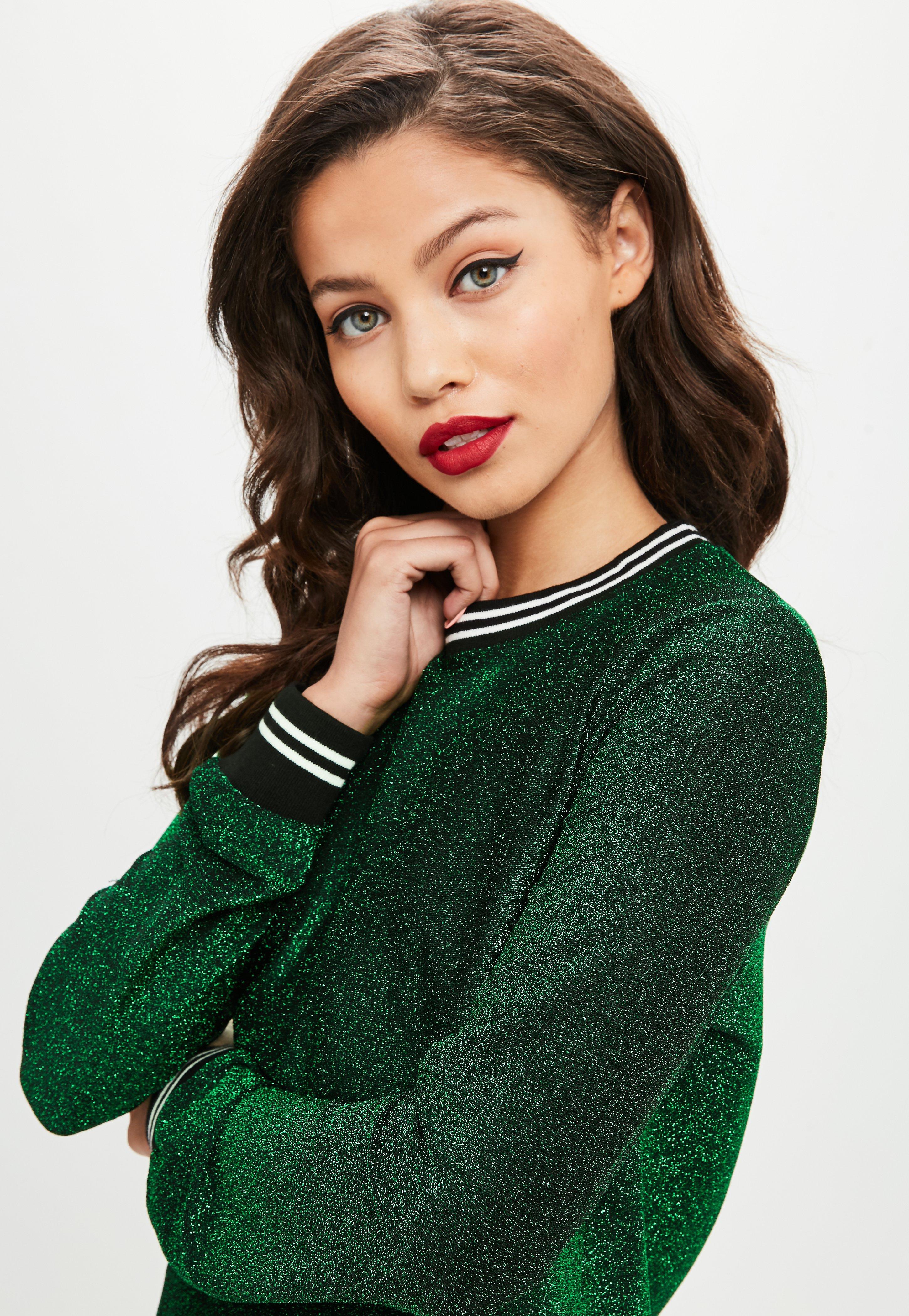 Missguided Synthetic Green Lurex Stripe Trim Sweat Top - Lyst