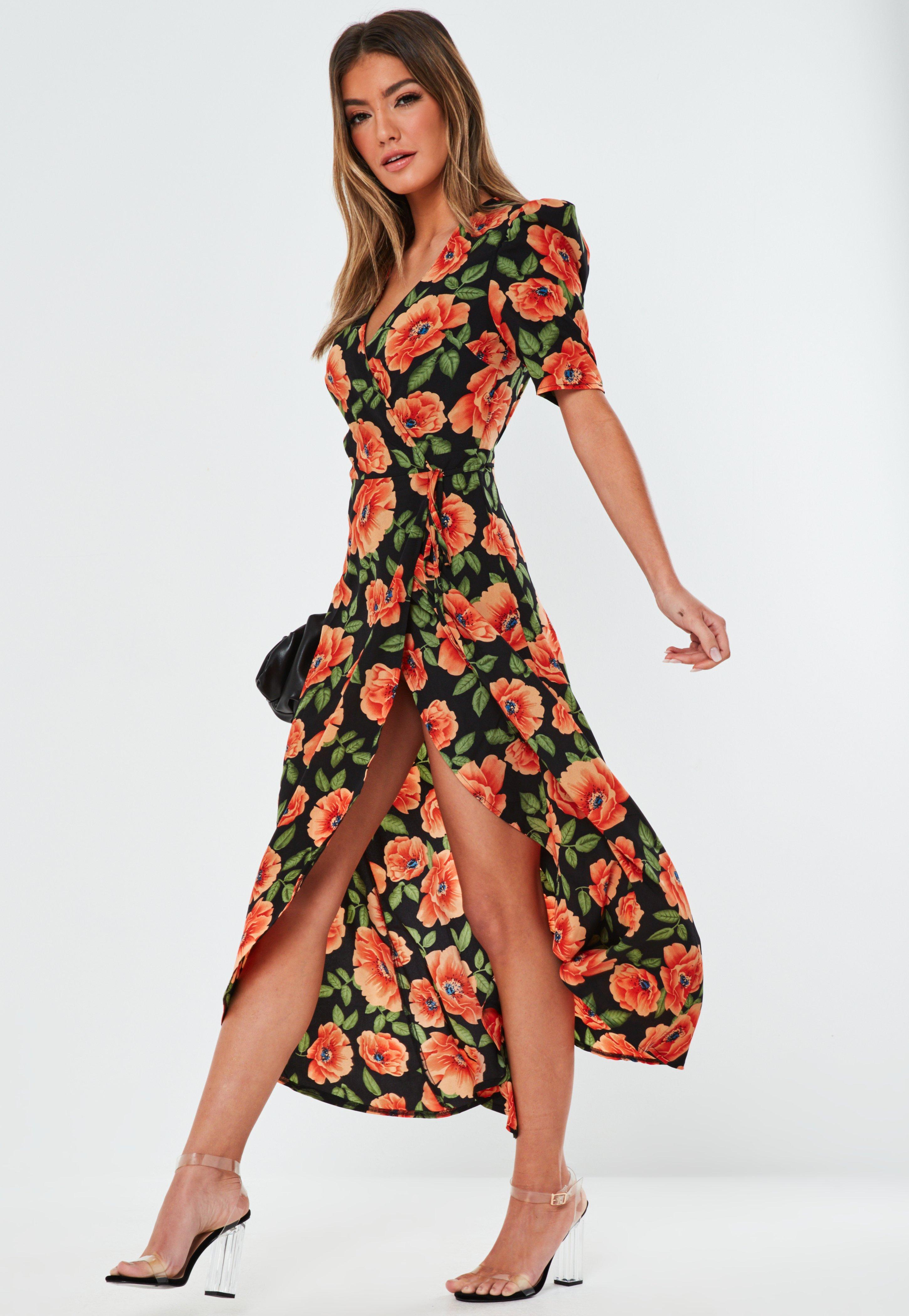 Missguided Synthetic Floral High Low Wrap Midi Dress in Orange - Lyst