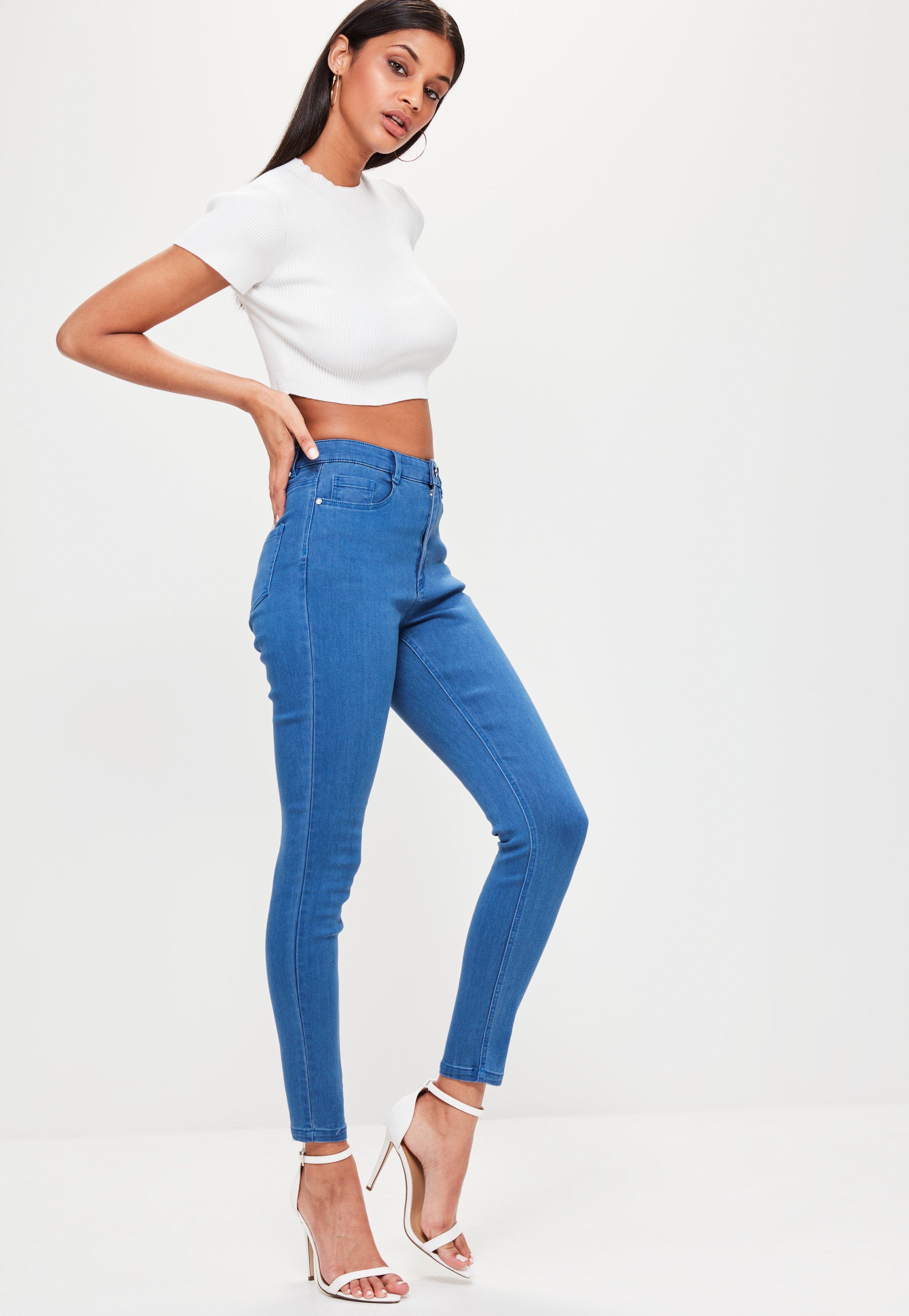 Lyst - Missguided Blue Hustler Mid Rise Stretch Skinny Jeans in Blue