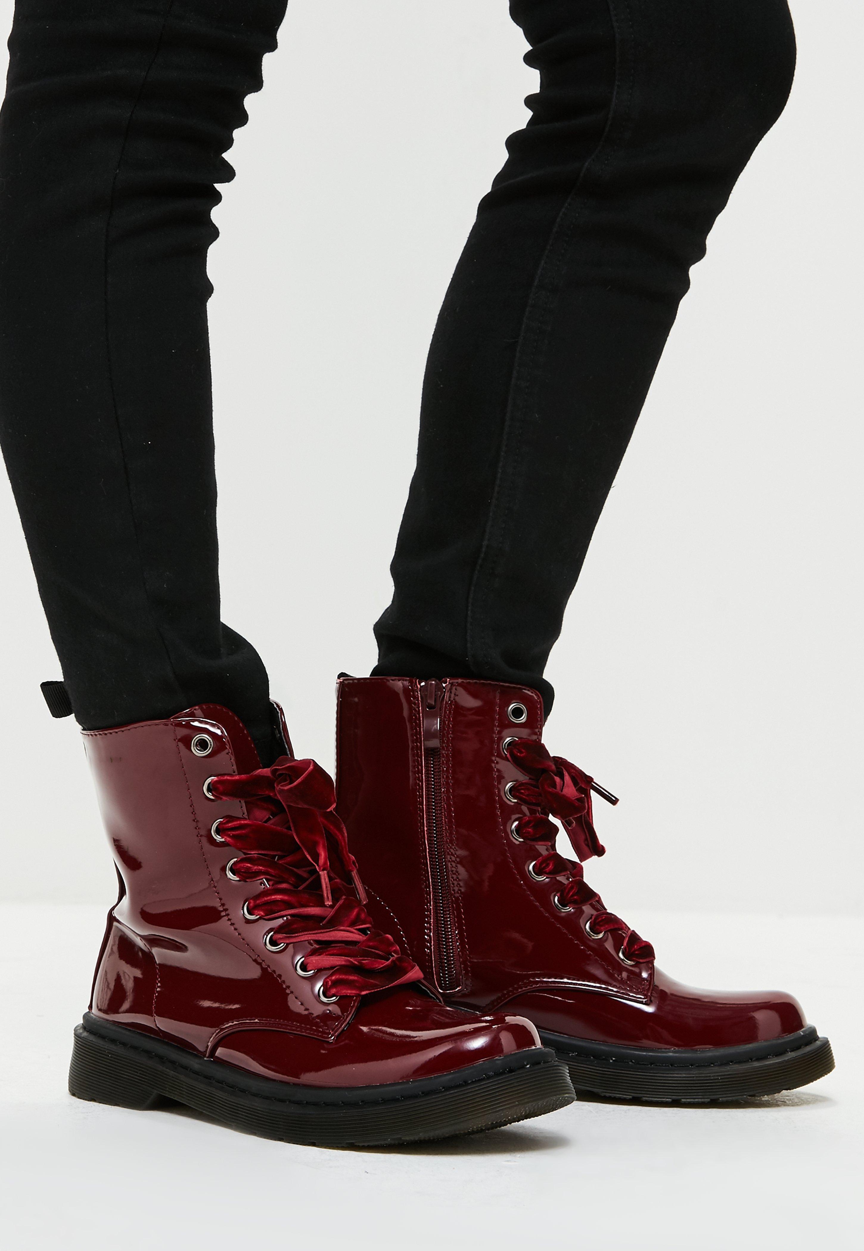 boots burgundy ankle lace ribbon shine missguided purple shoes boot velvet brown