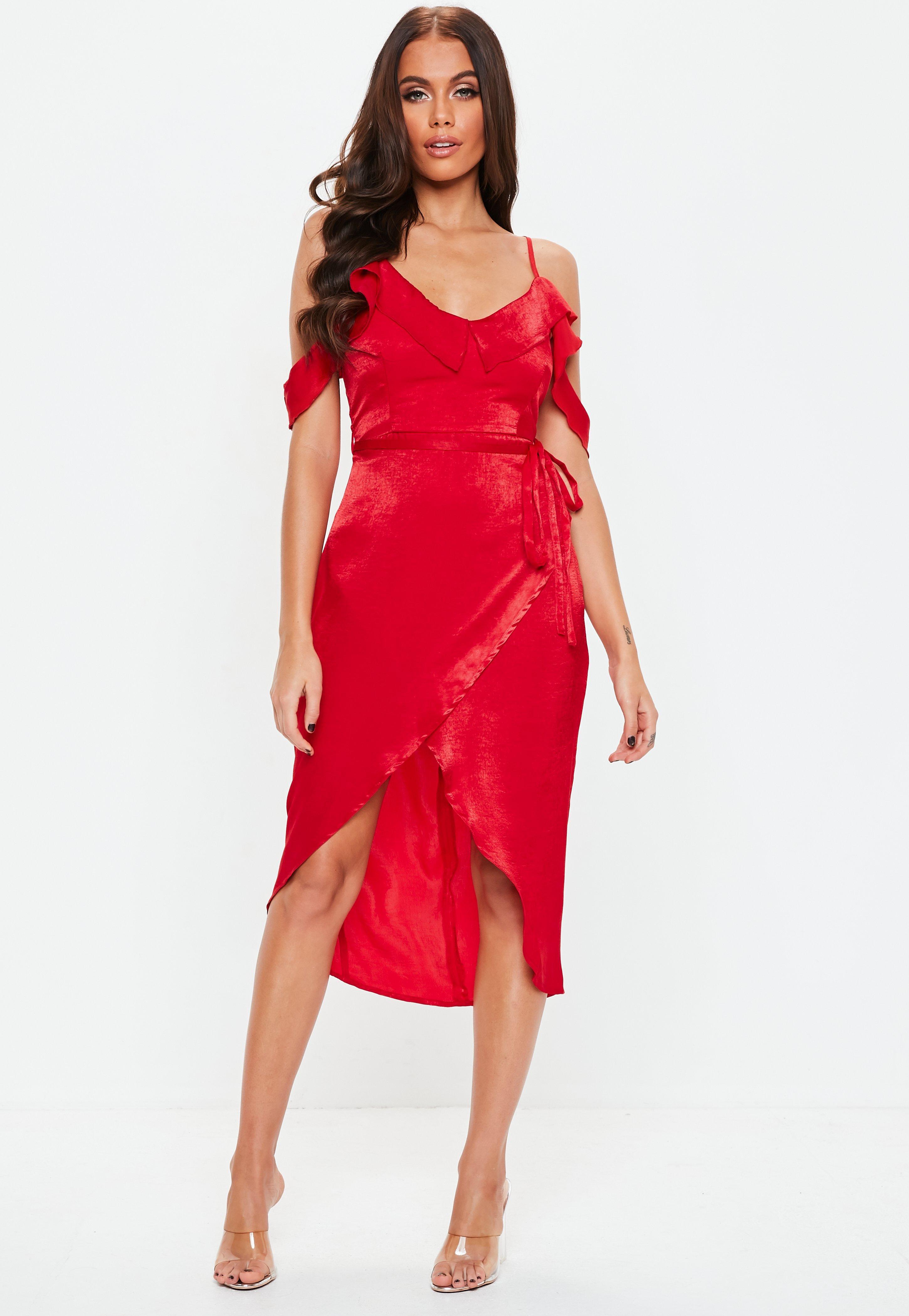 satin frill midi dress