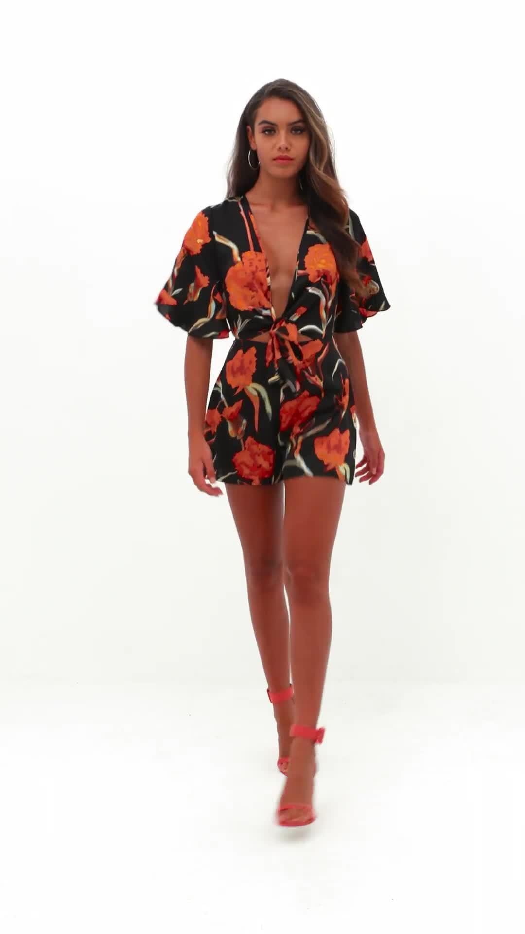 red satin tie front kimono sleeve playsuit