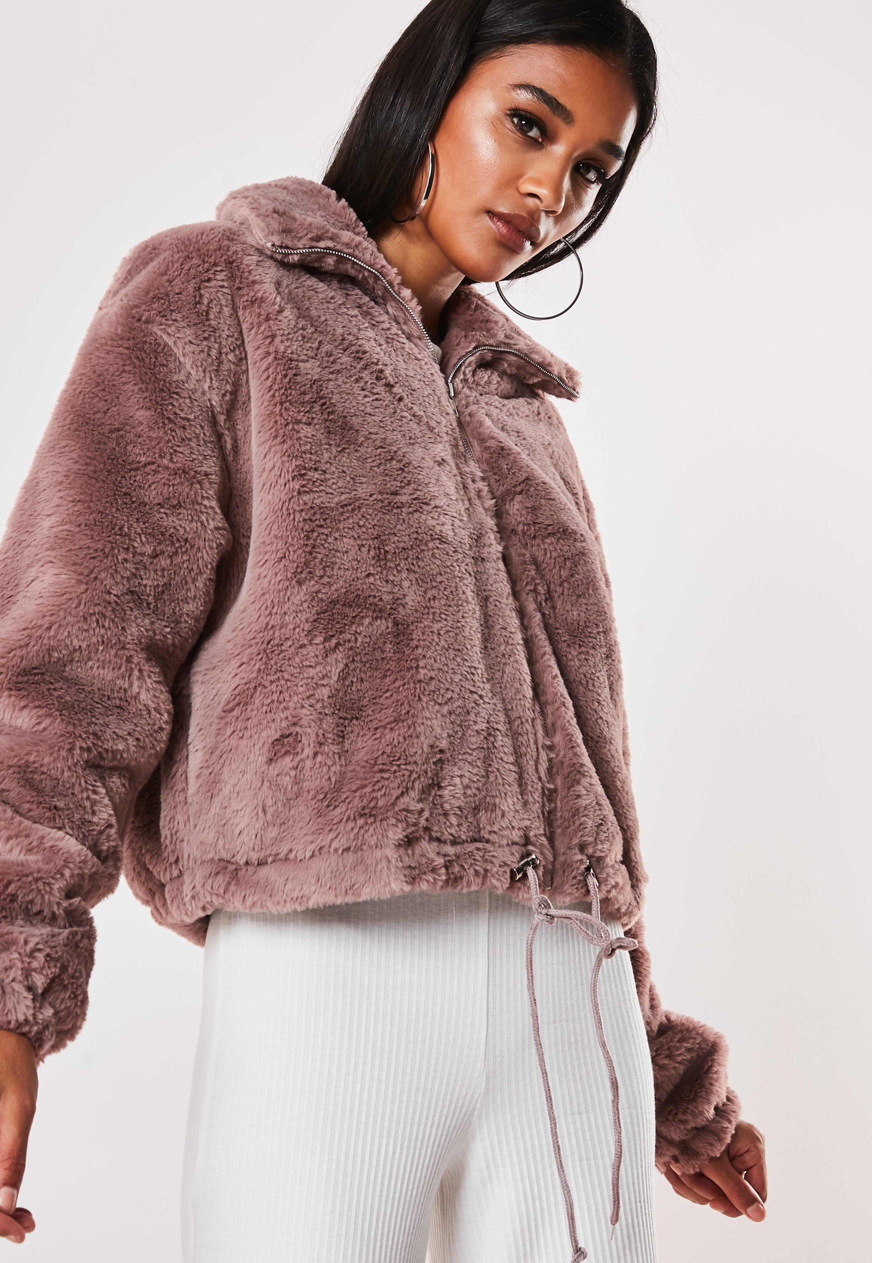 Missguided Mauve Cropped Faux Fur Bomber Jacket in Purple - Lyst