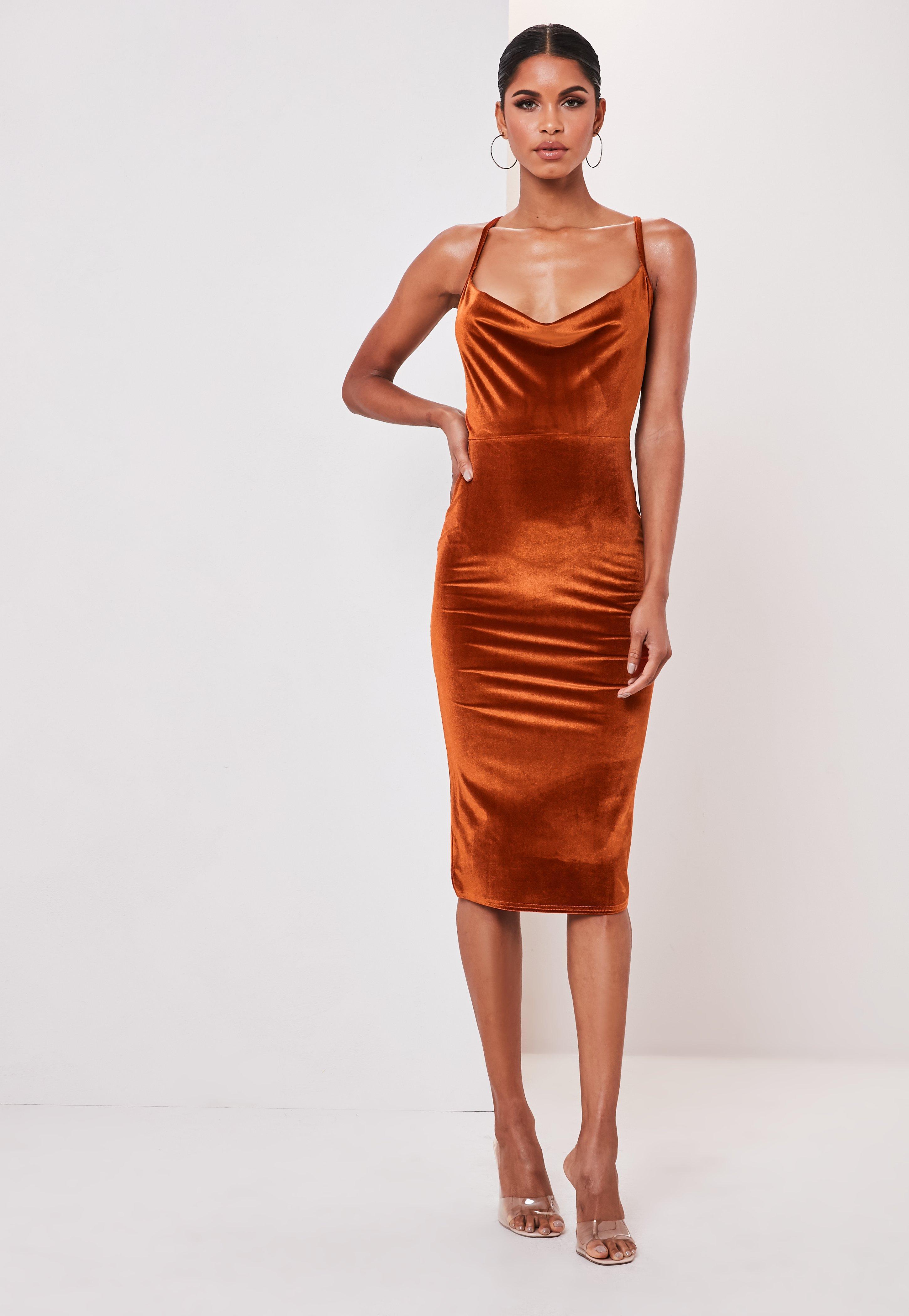 missguided strappy cowl midi satin dress in rust