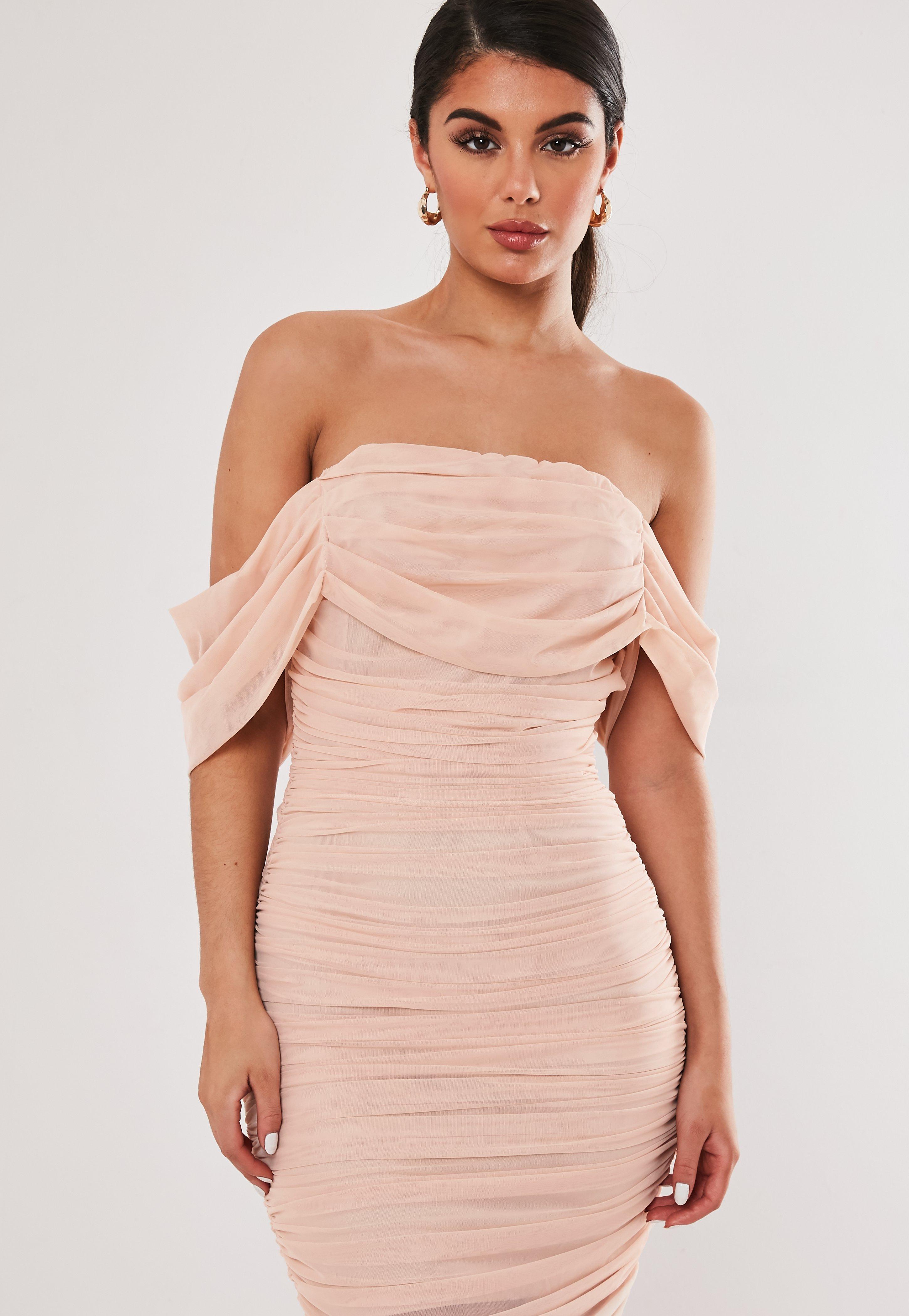 white mesh ruched bardot midi dress