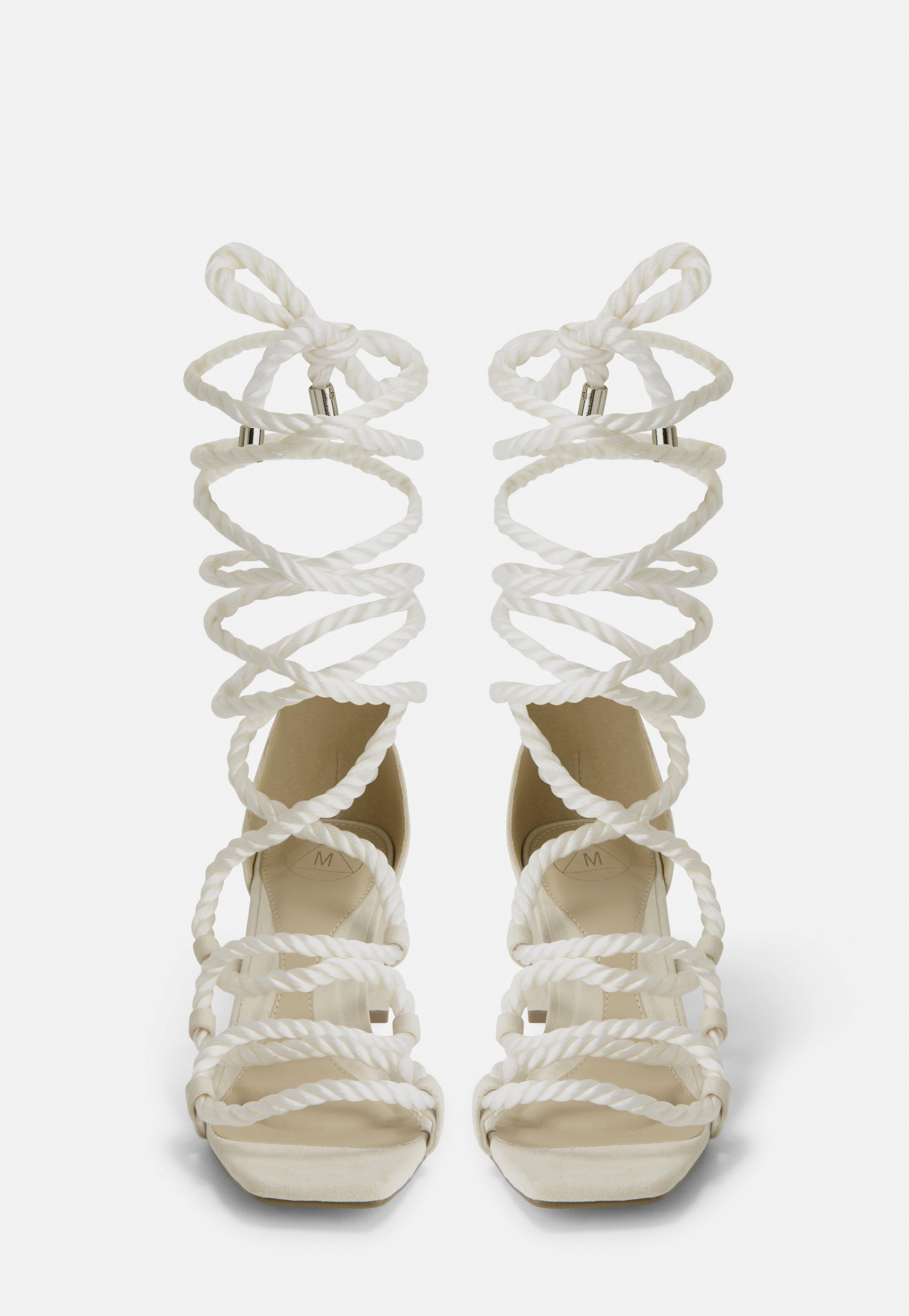White Rope Lace Up Mid Heeled Sandals 