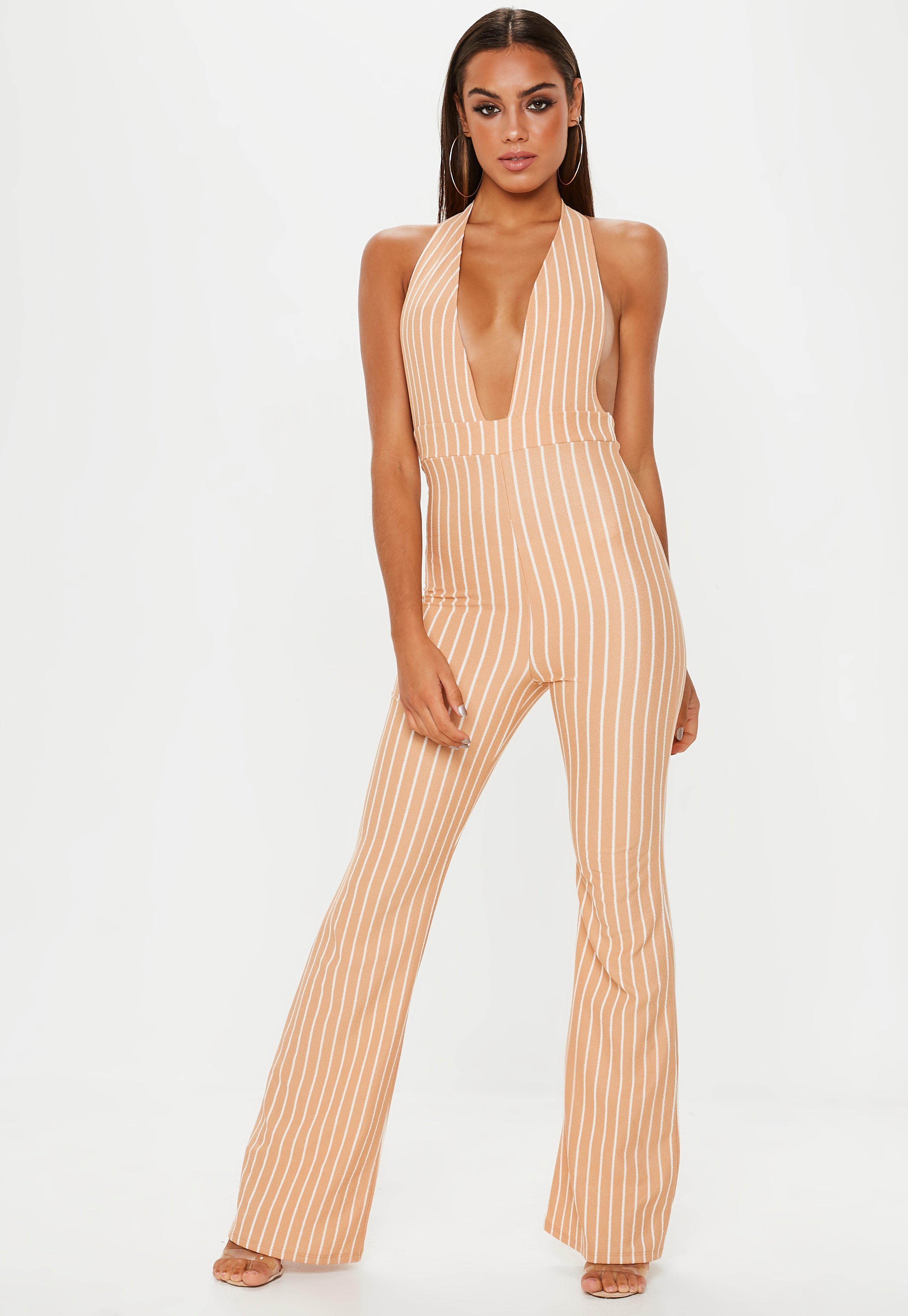 Missguided Synthetic Nude Pinstripe Halter Jumpsuit in Natural - Lyst