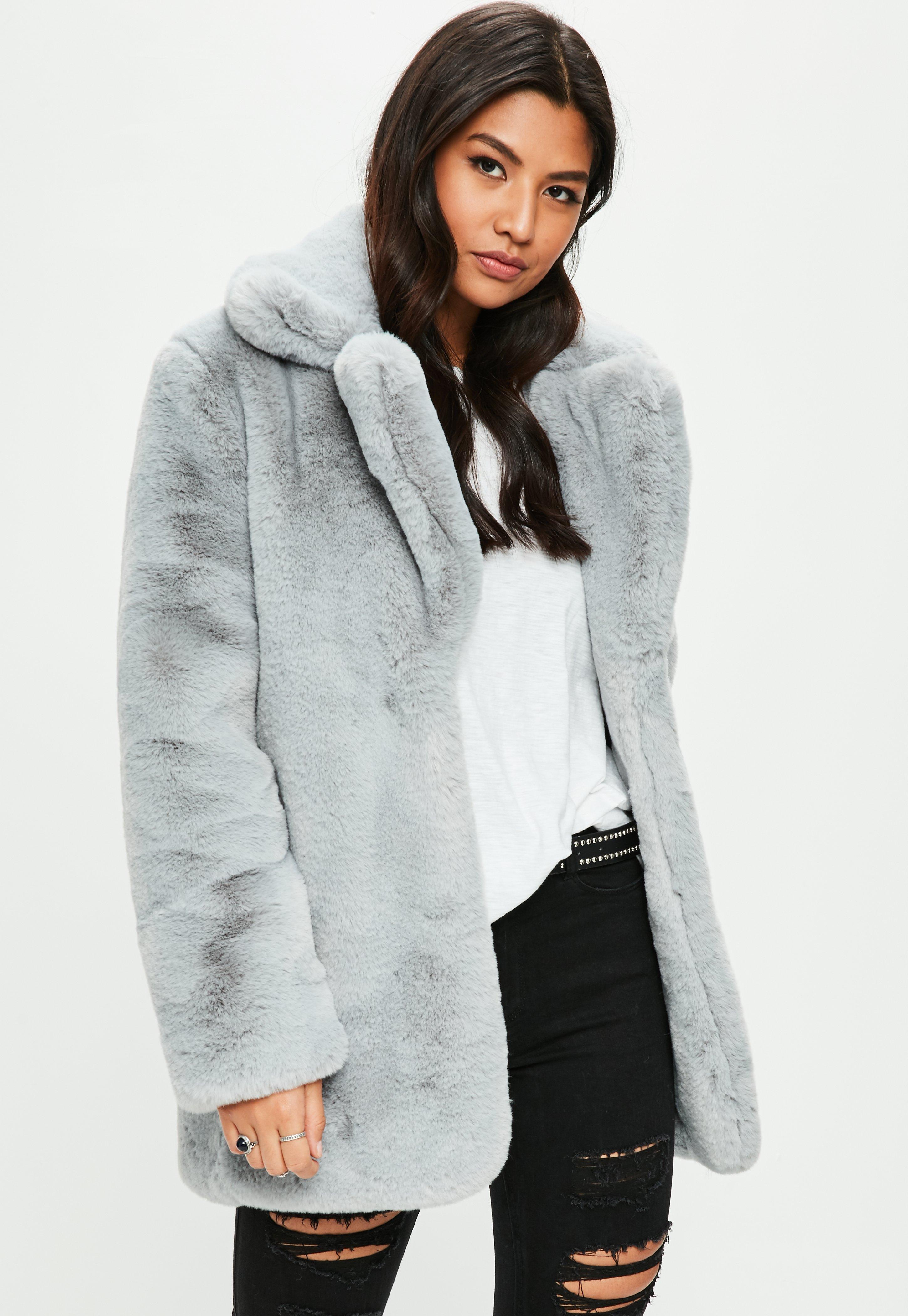 Missguided Grey Faux Fur Coat With Collar In Gray Lyst