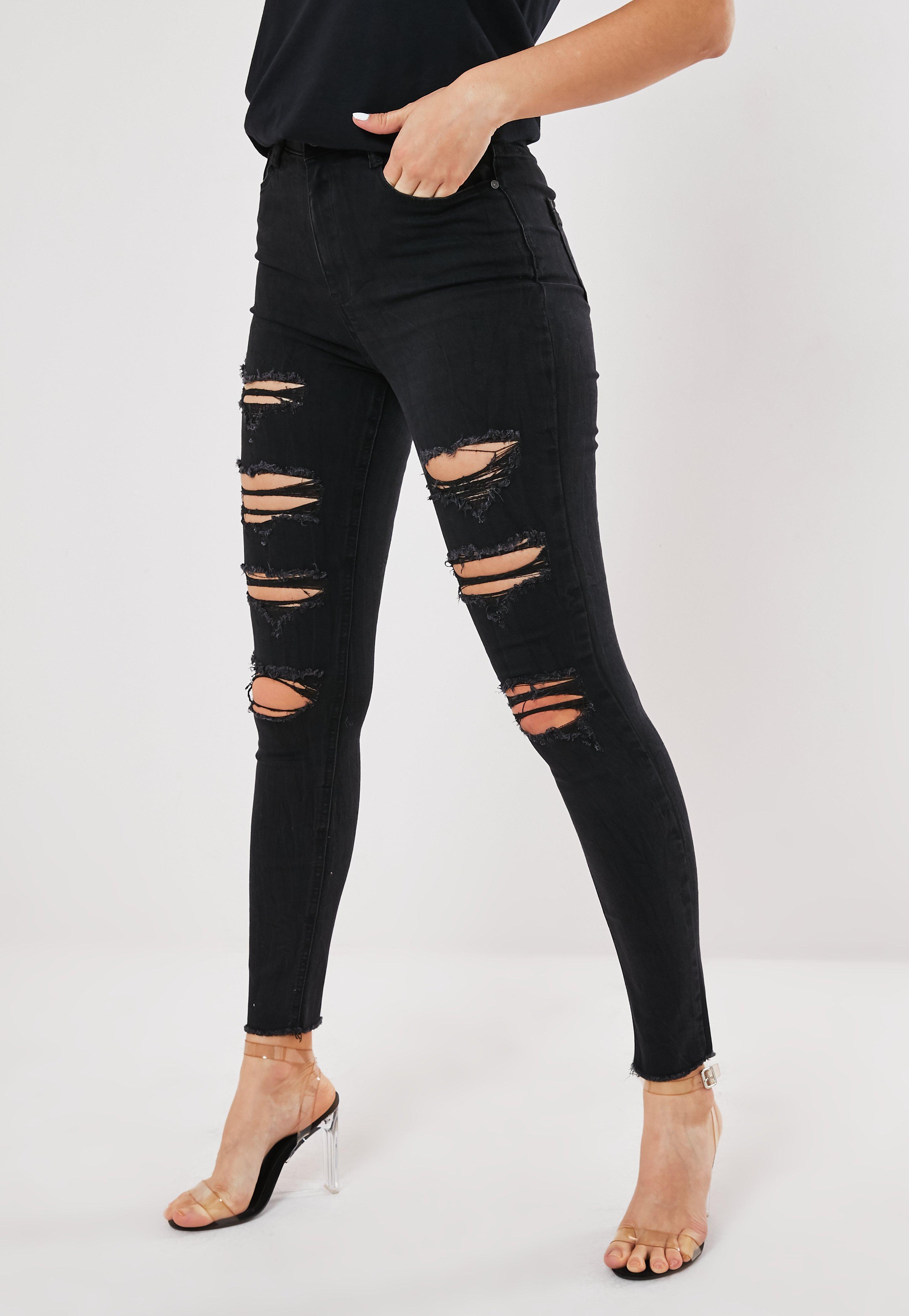 Missguided Denim Black High Waisted Extreme Ripped Skinny Jeans - Save