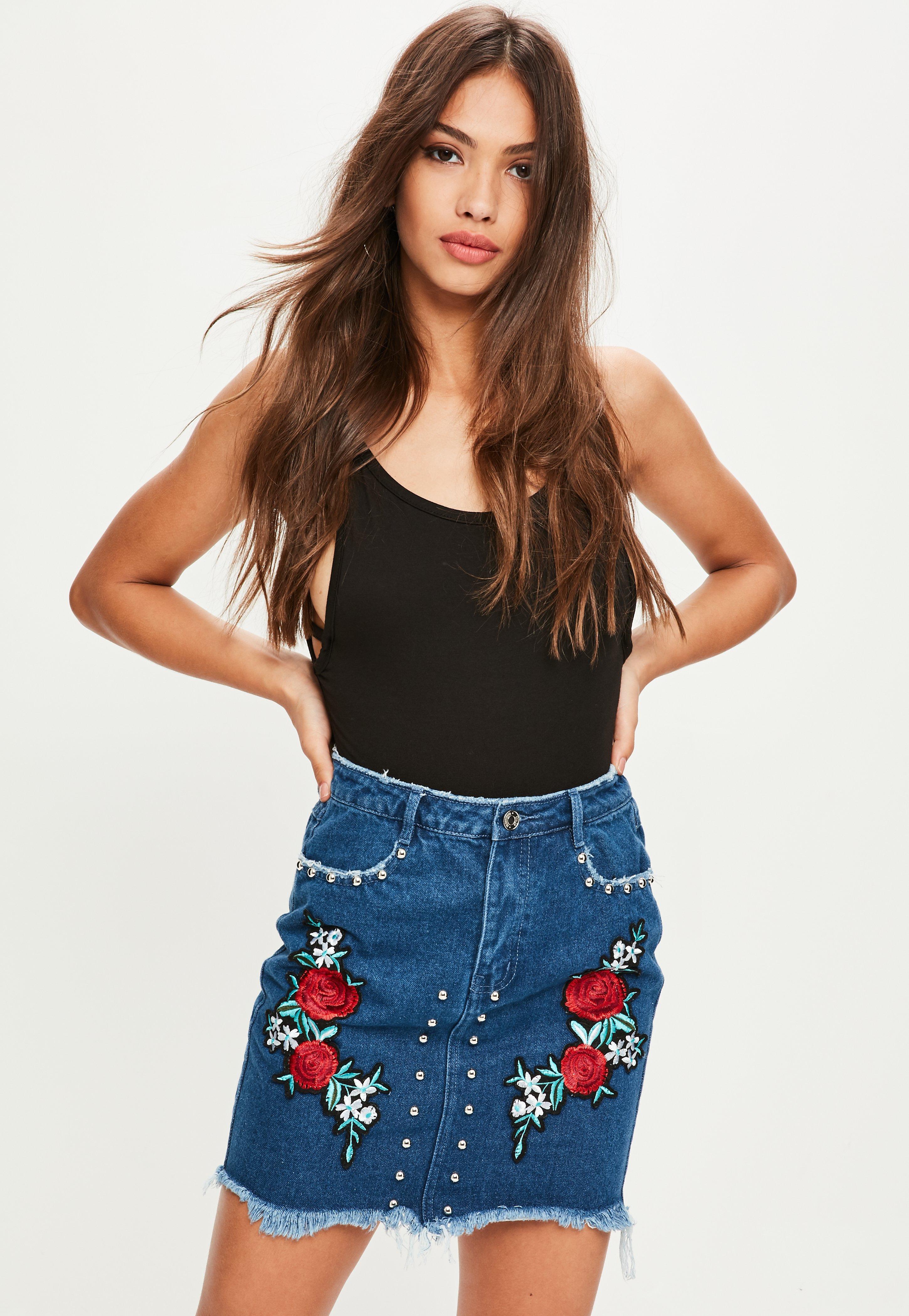 Missguided Blue Raw Edge Floral Embroidered Denim Skirt Lyst