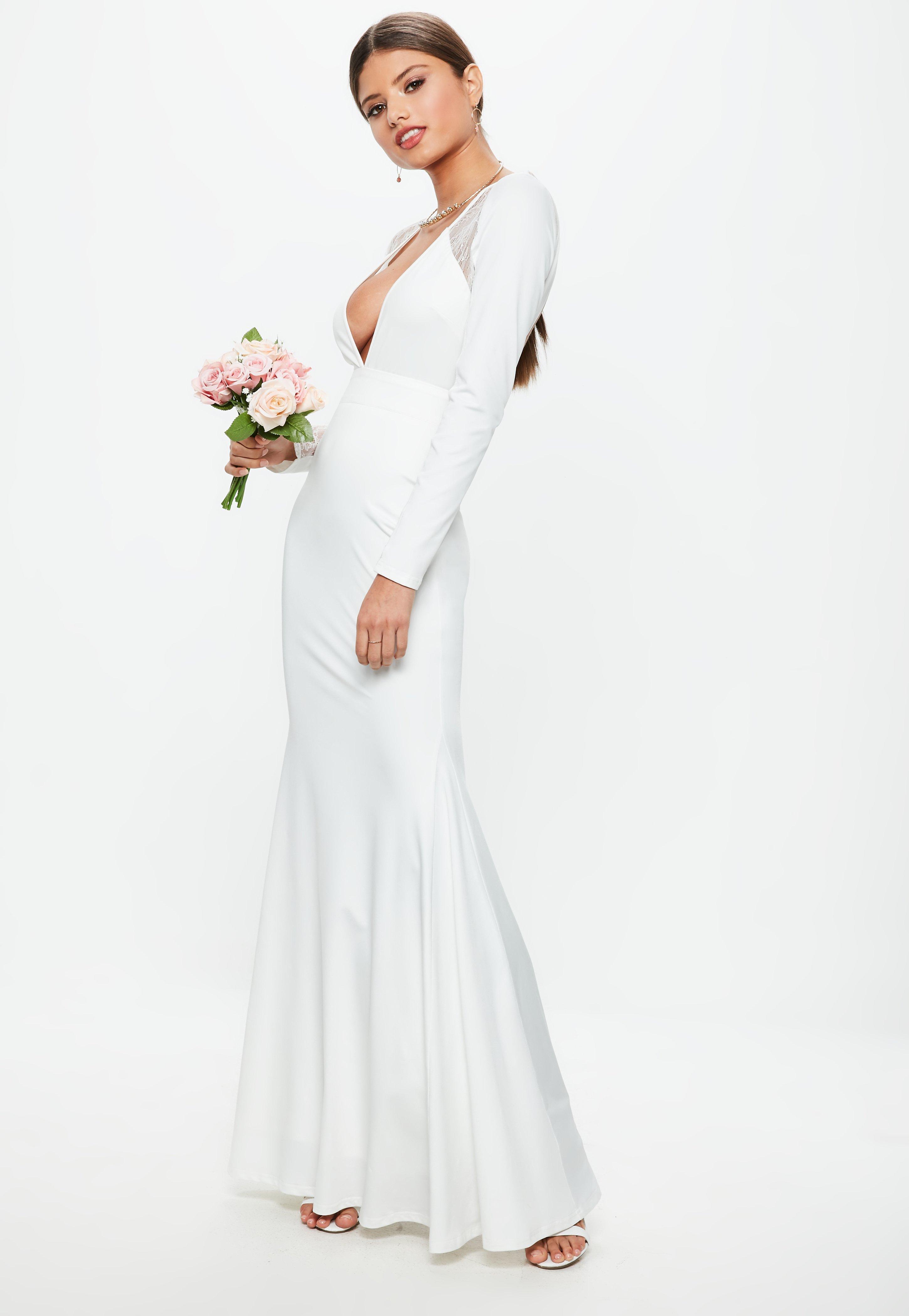 white long sleeve plunge dress