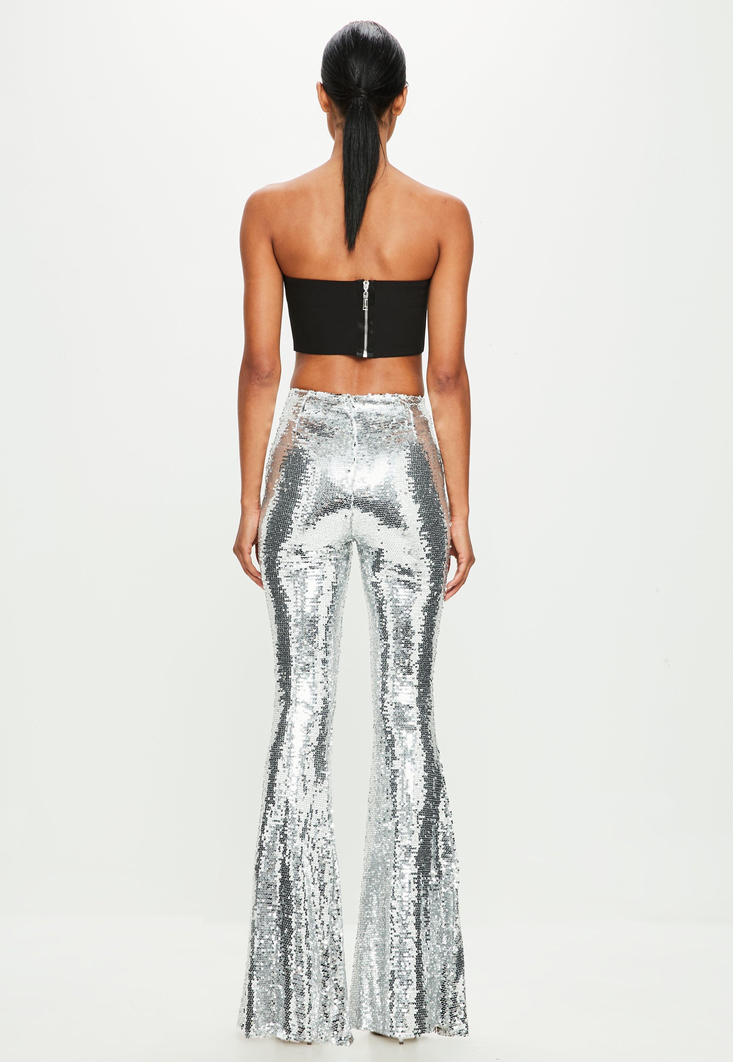 Missguided Peace + Love Silver Sequin Flared Leg Pants in Metallic - Lyst