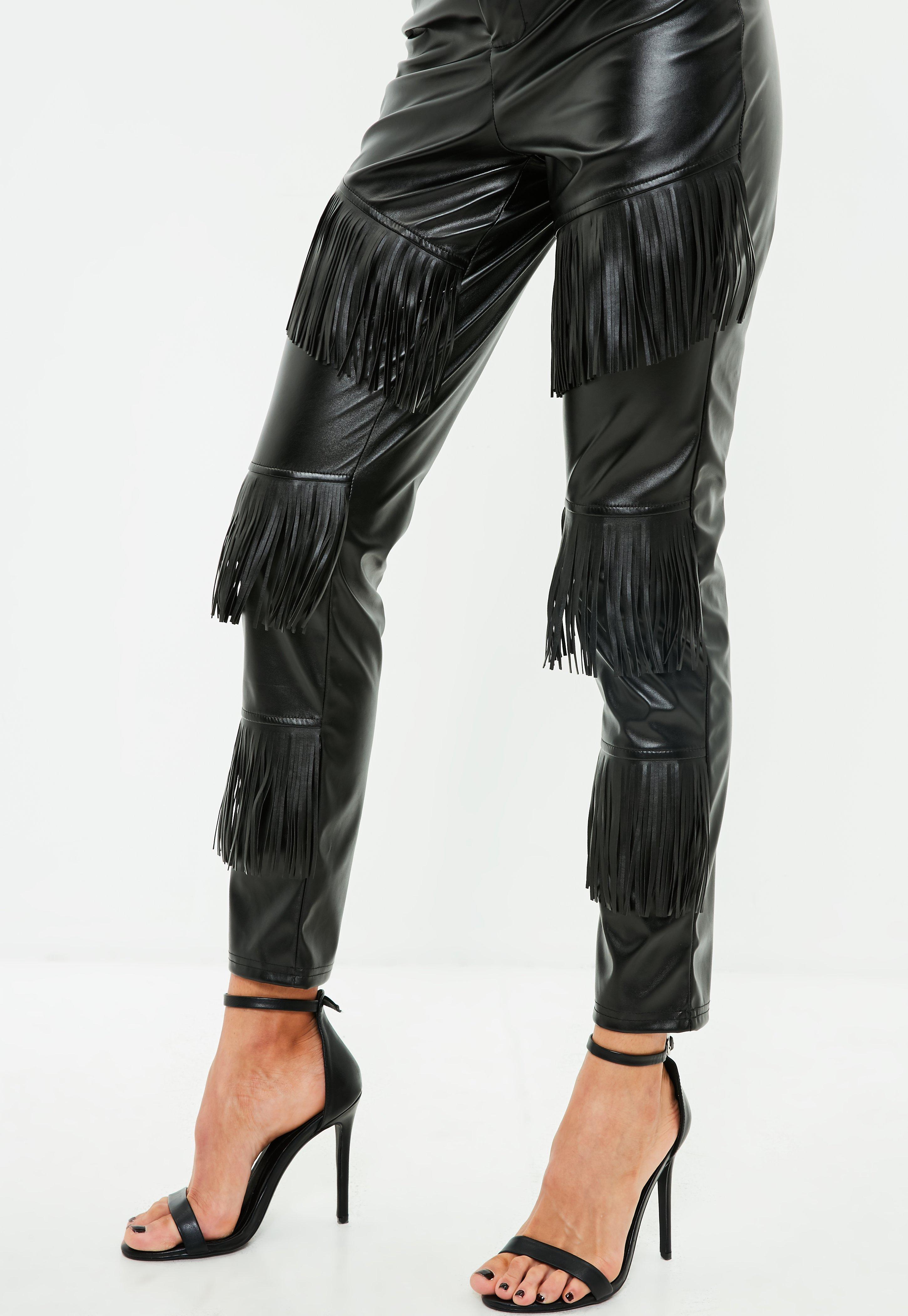 Missguided Black Fringe Detail Faux Leather Trousers Lyst