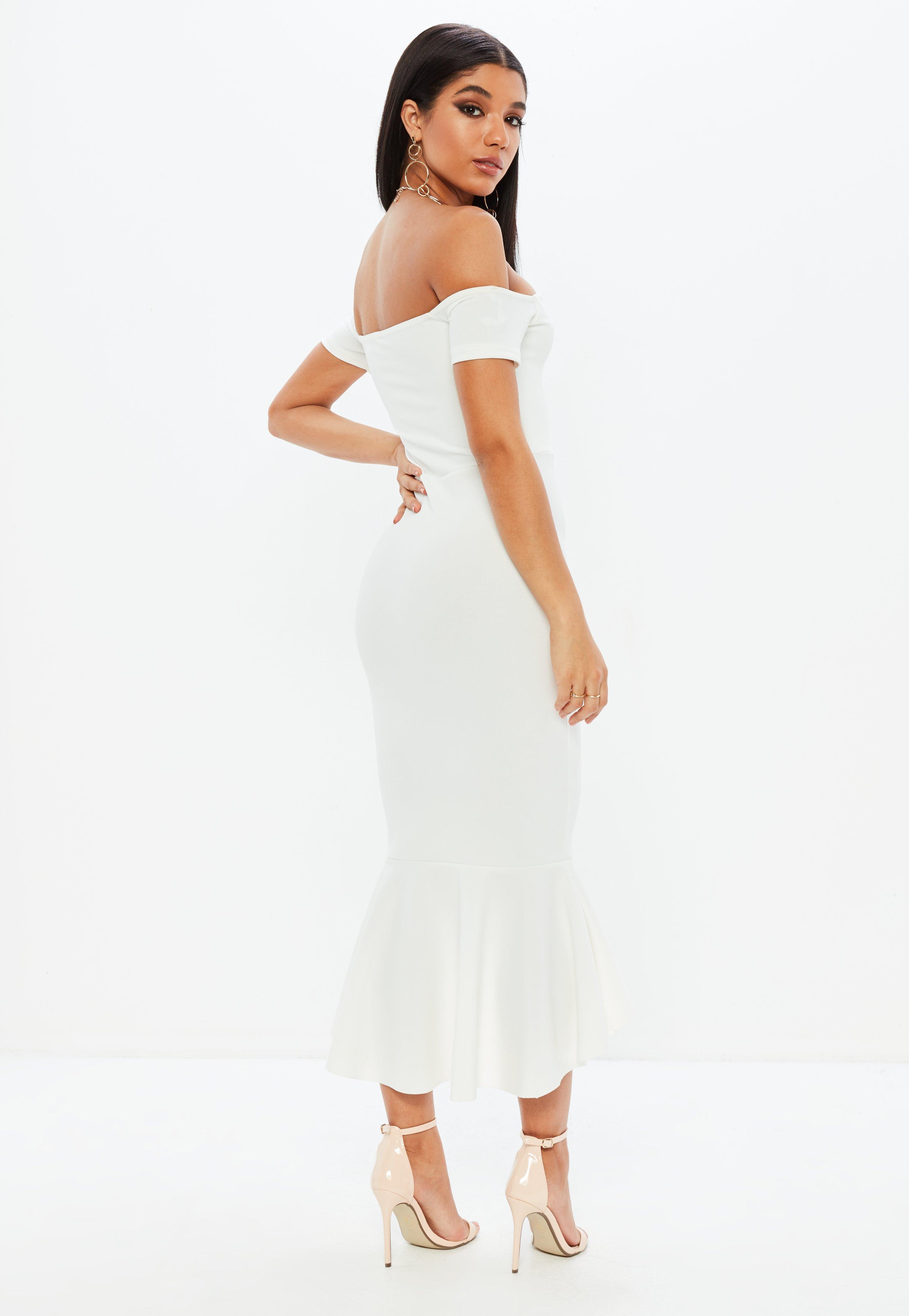 bardot midi fishtail dress