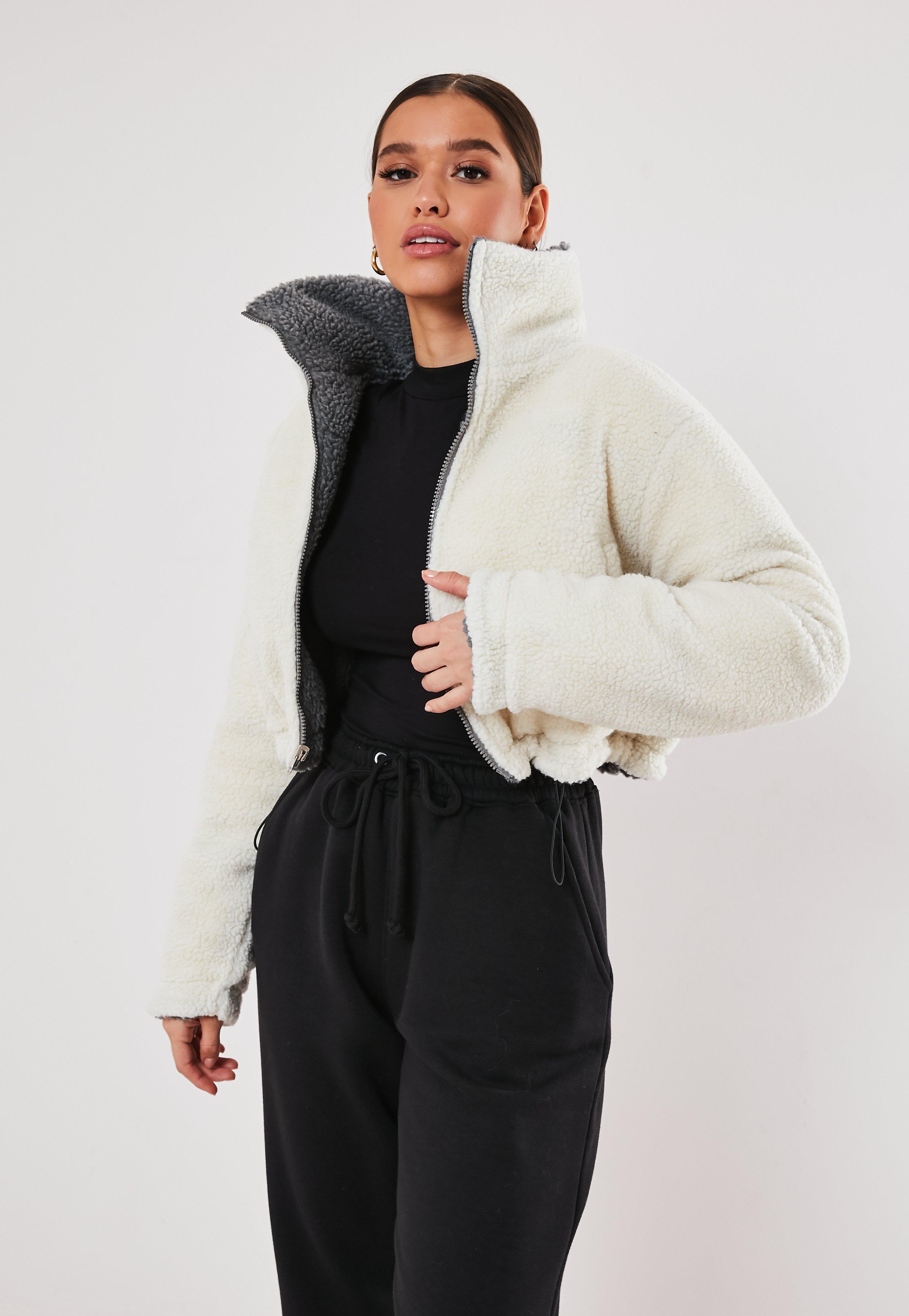 grey reversible borg cropped puffer jacket