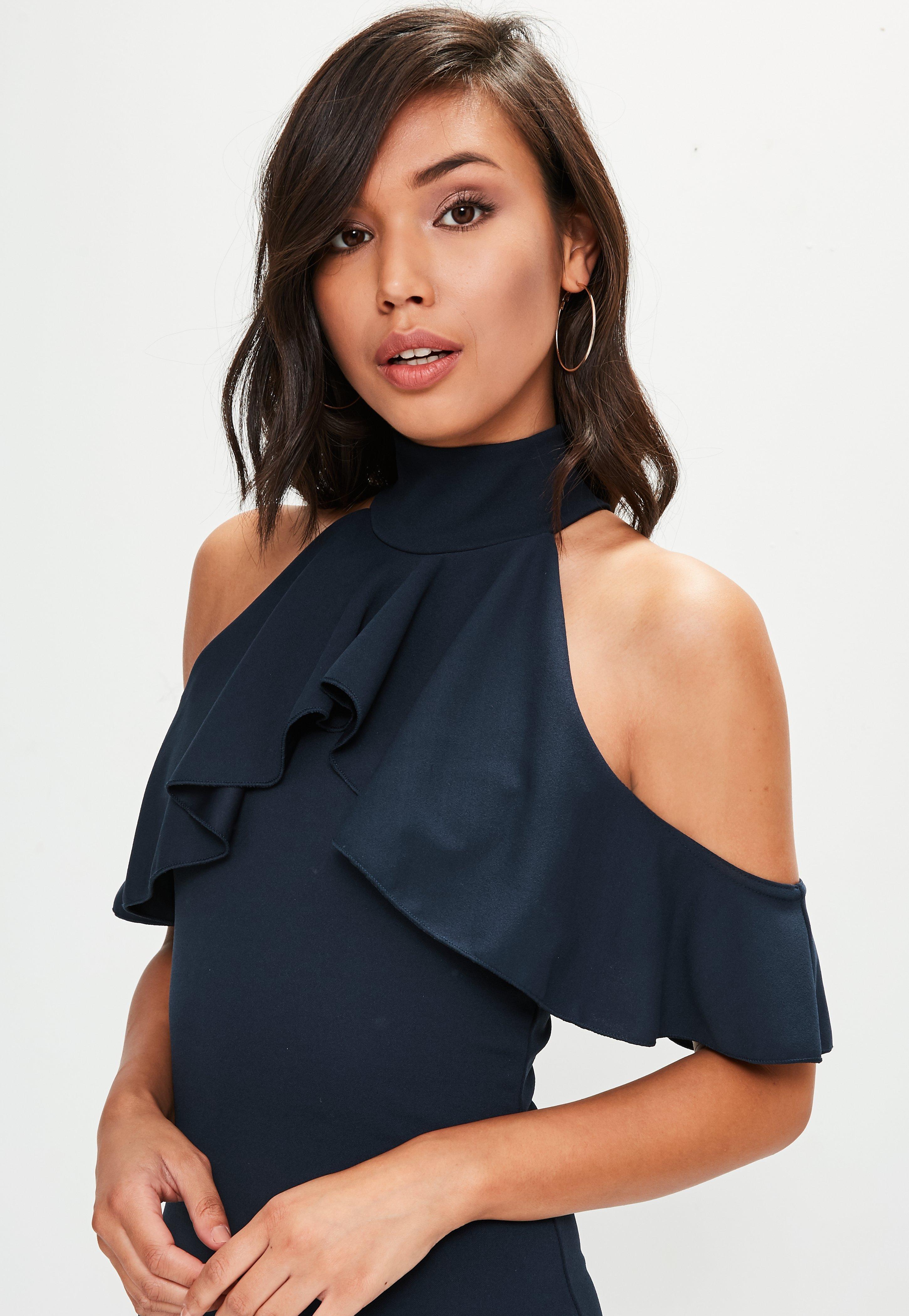 navy frill cold shoulder midi dress