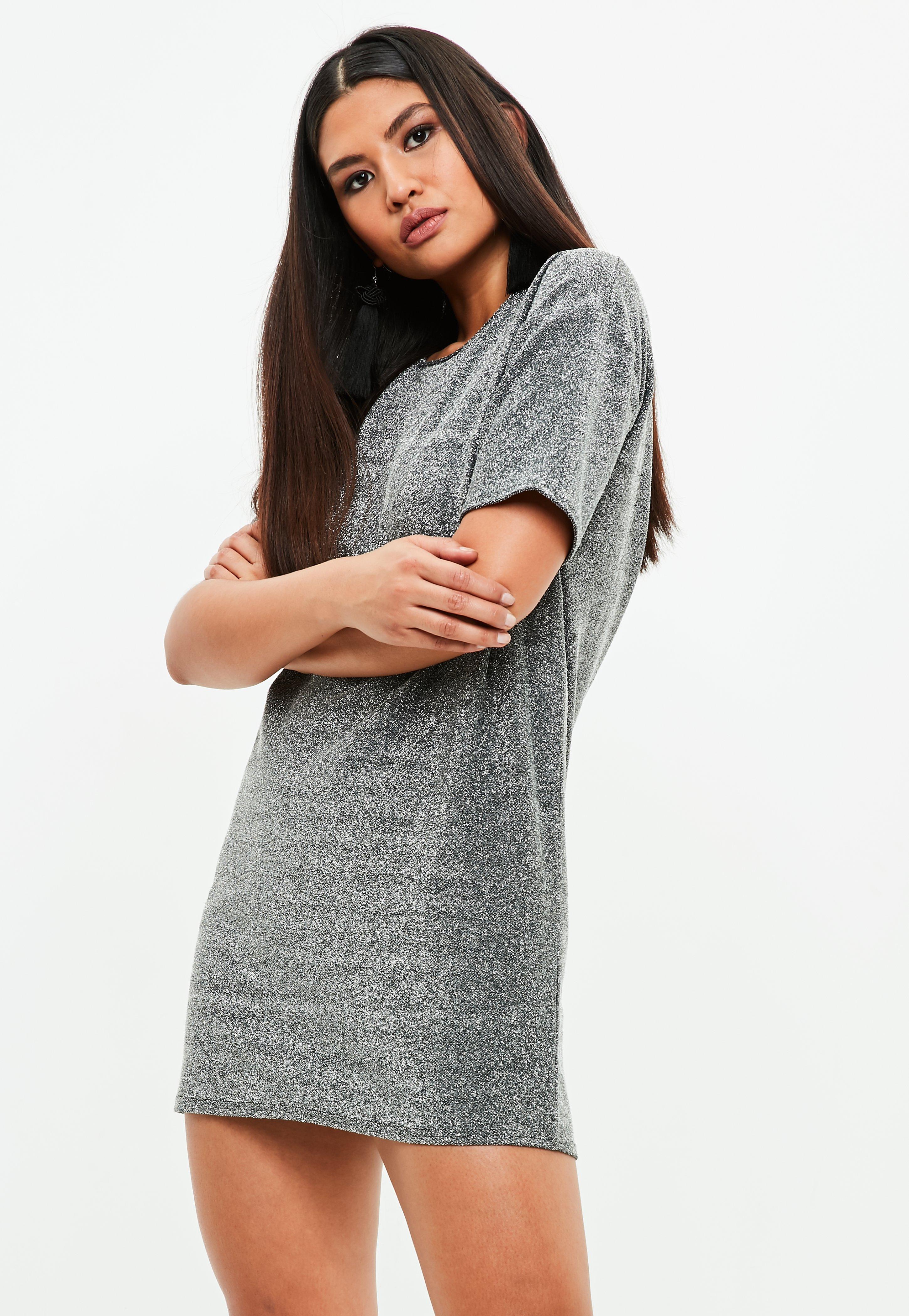 Missguided Synthetic Silver Glitter Oversized T-shirt Dress in Metallic ...