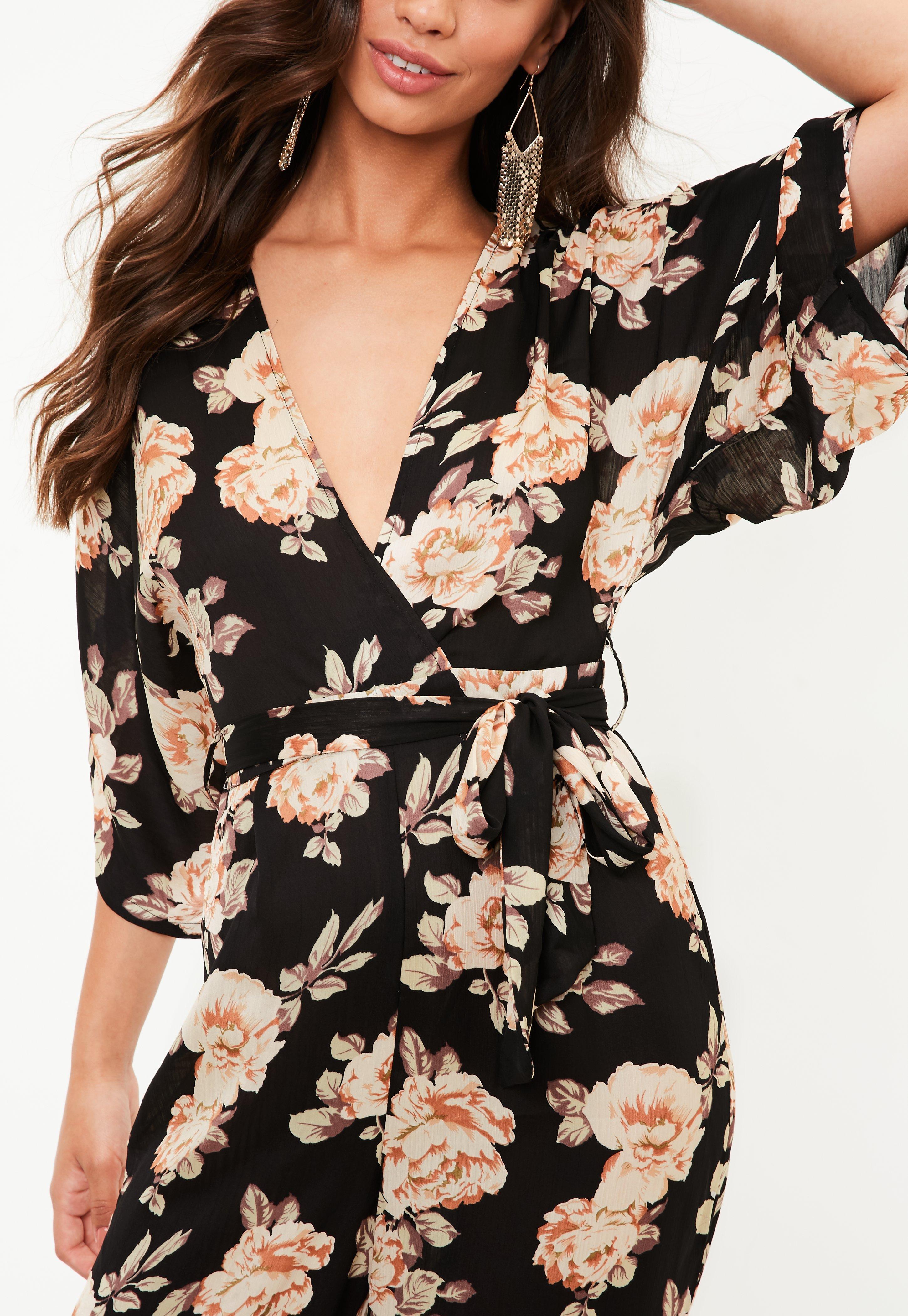 Lyst Missguided Black Floral Kimono Wide Leg Jumpsuit in Black