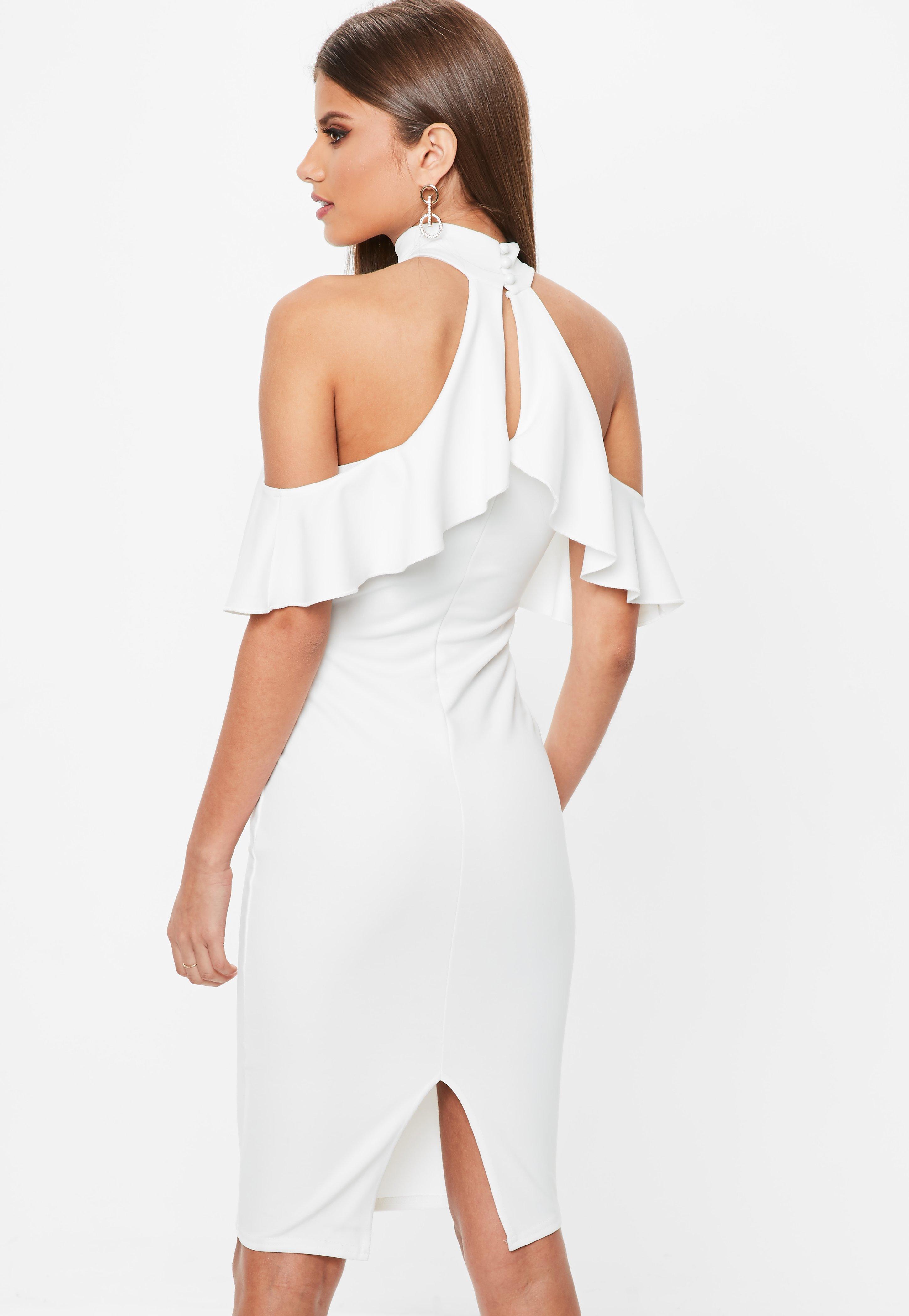 white cold shoulder midi dress