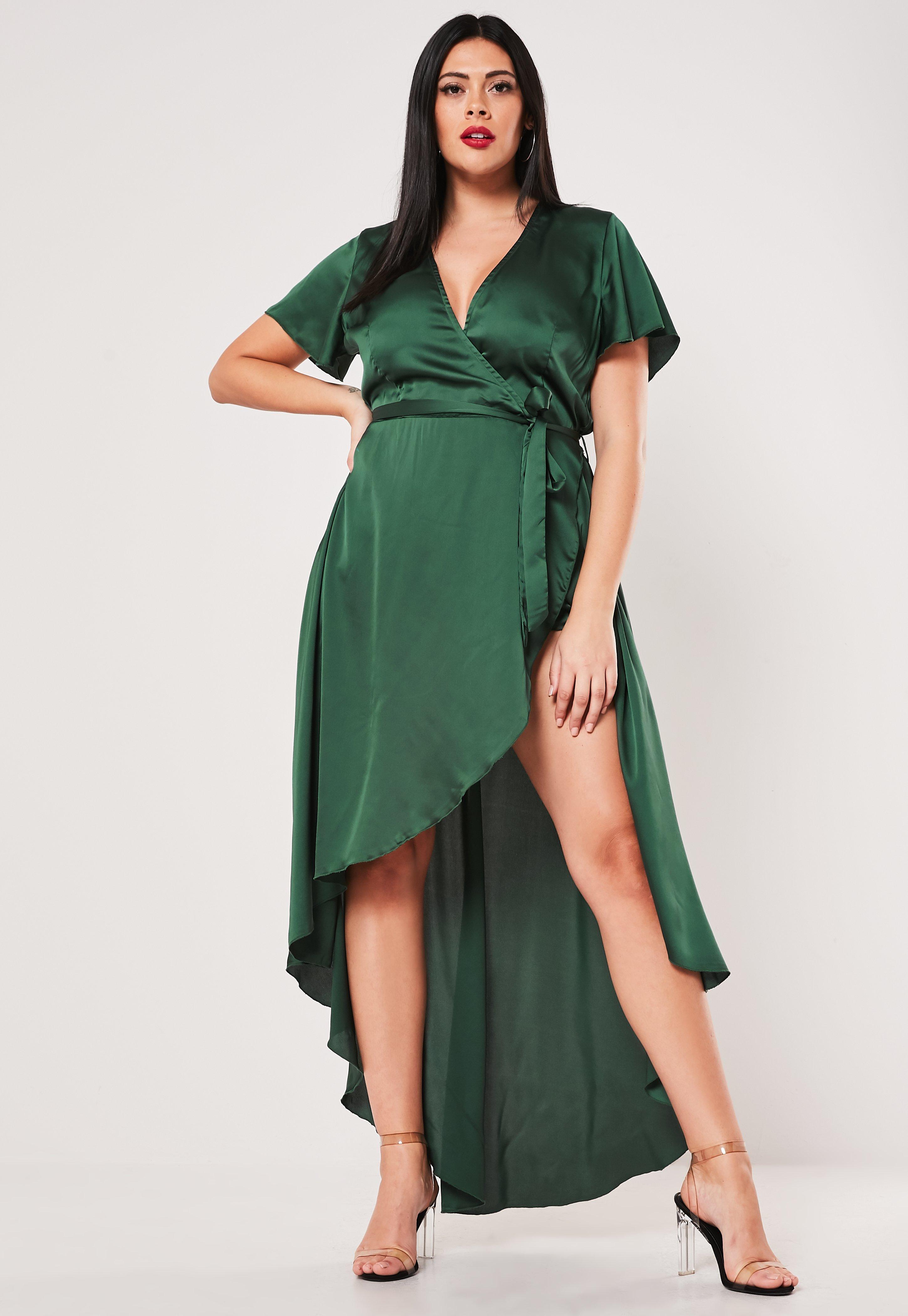 green satin wrap midi dress