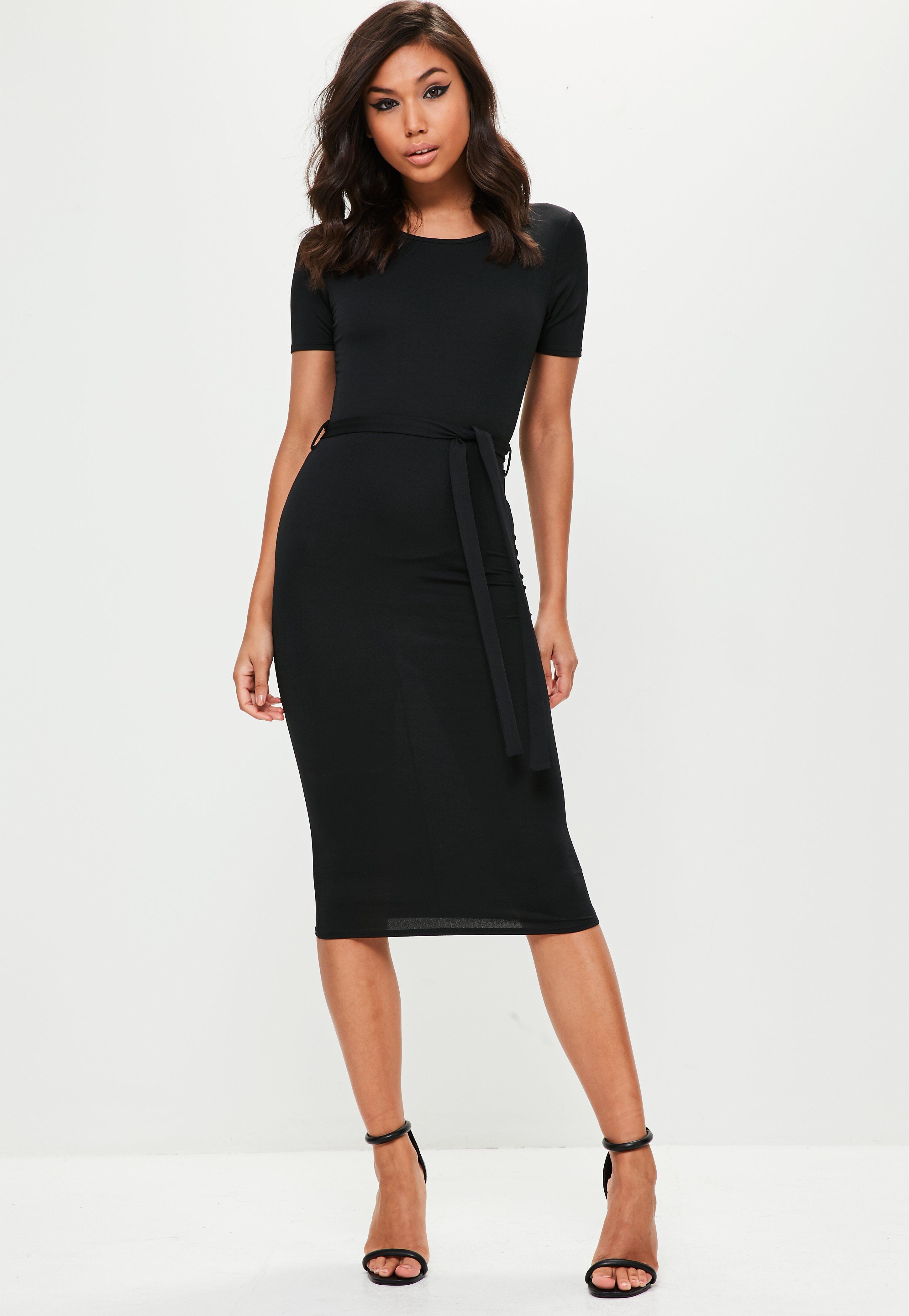 Lyst - Missguided Black Short Sleeve Tie Waist Midi Dress in Black