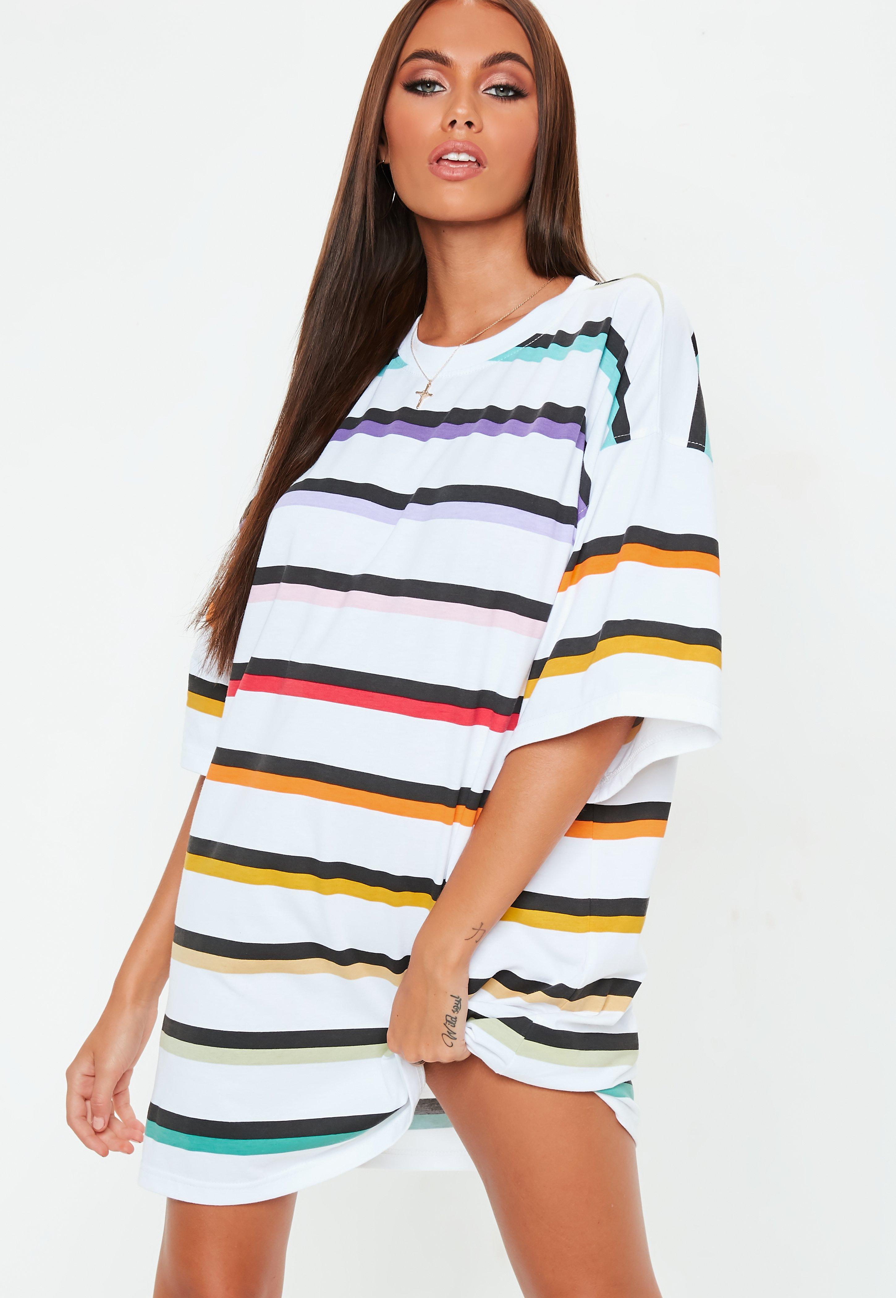 white rainbow stripe t shirt dress