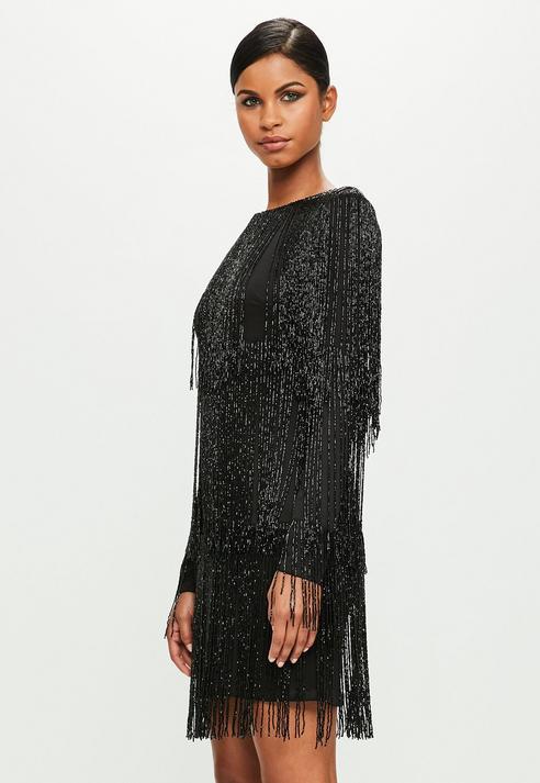 black long sleeve tassel dress