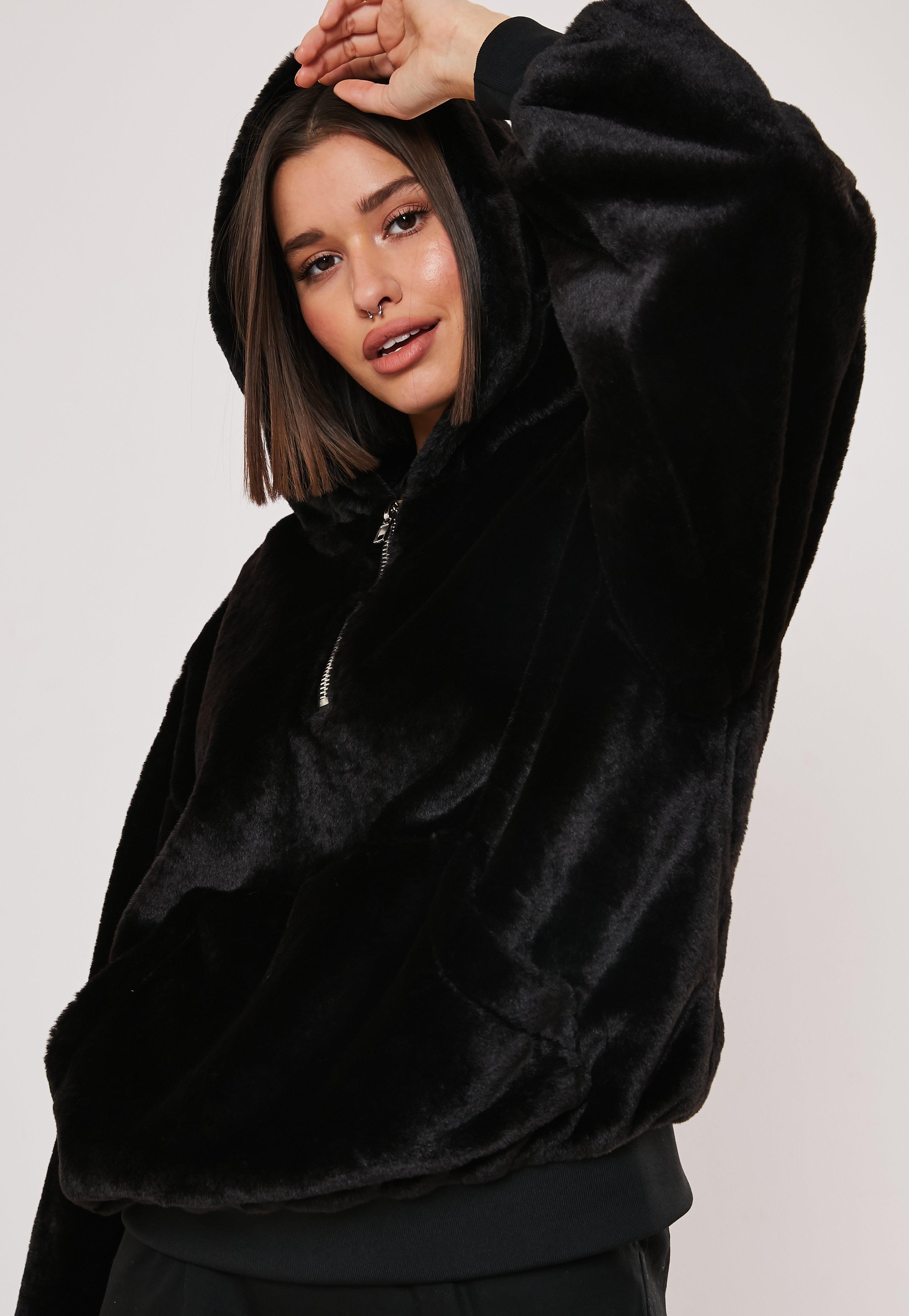 faux fur hoodie black