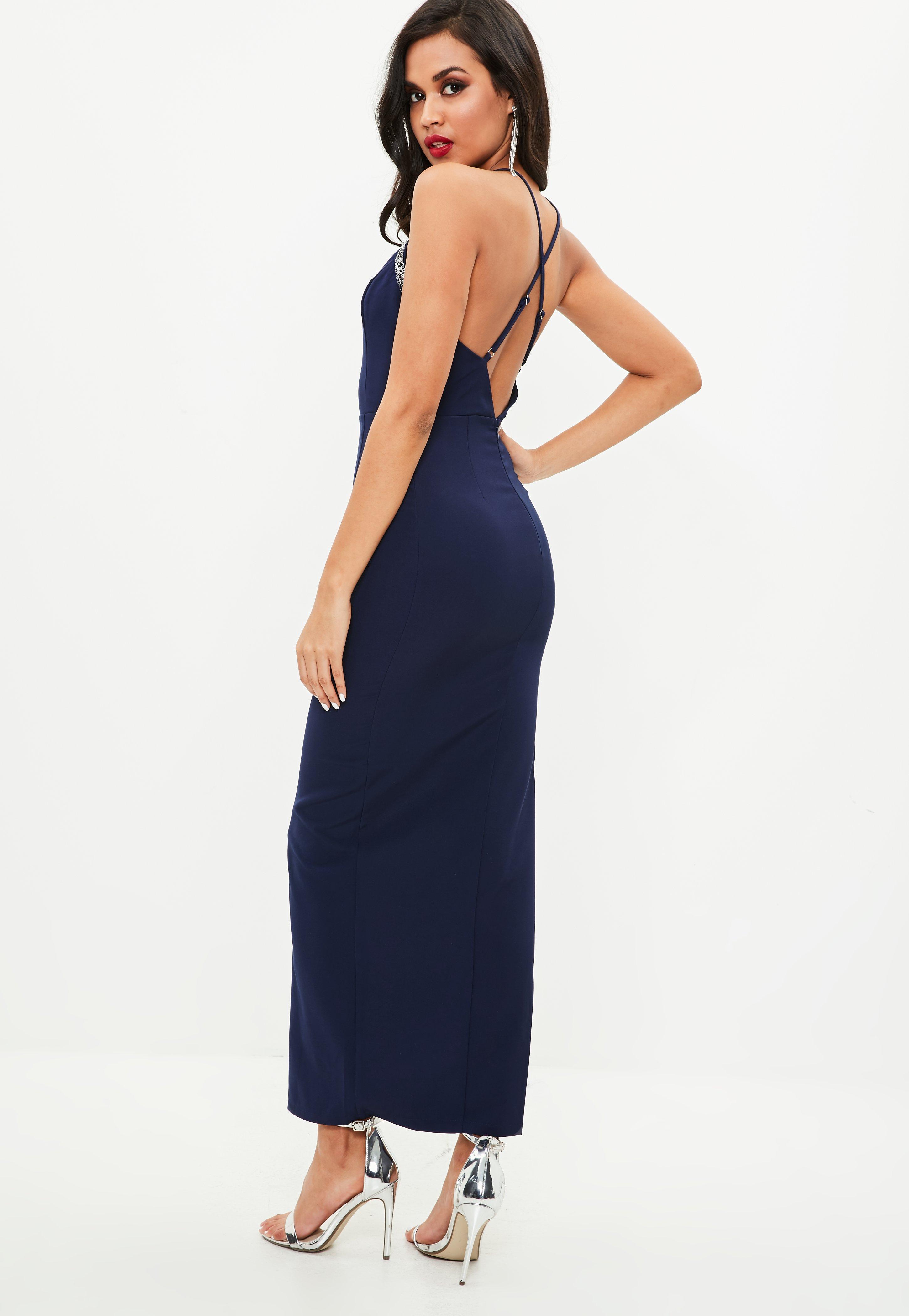 Missguided Synthetic Navy Plunge Cross Back Beaded Trim Maxi Dress in ...