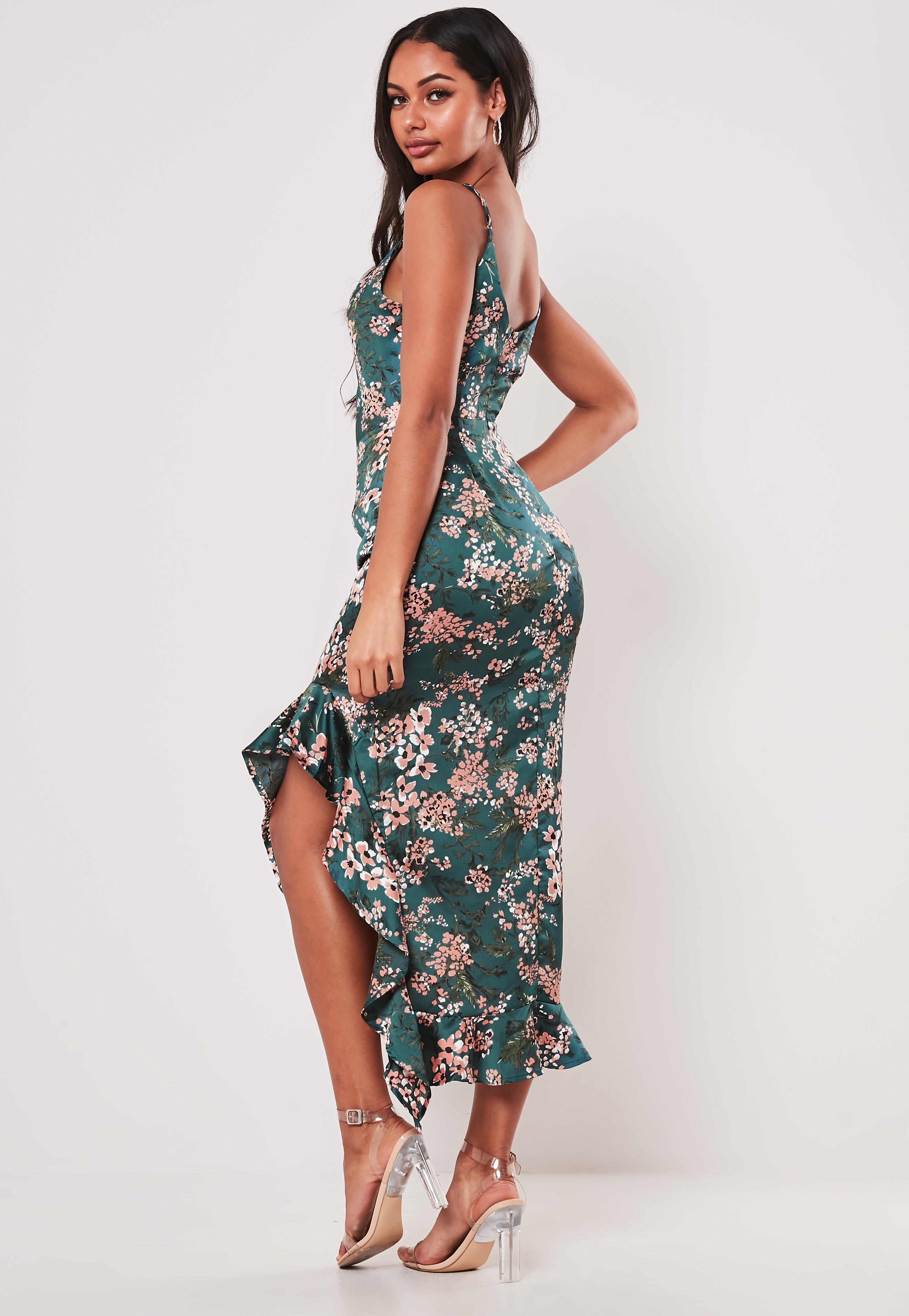 blue floral ruffle side split midi dress