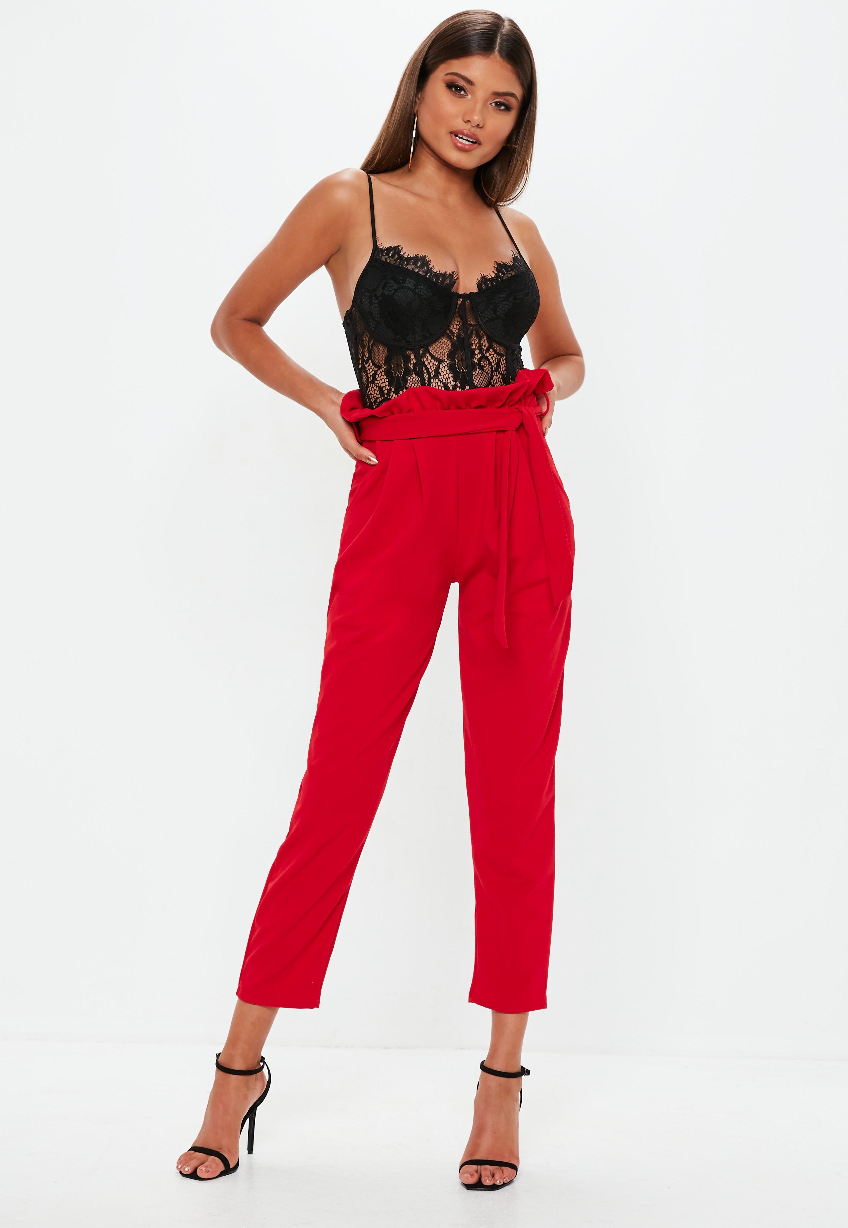 red paperbag pants