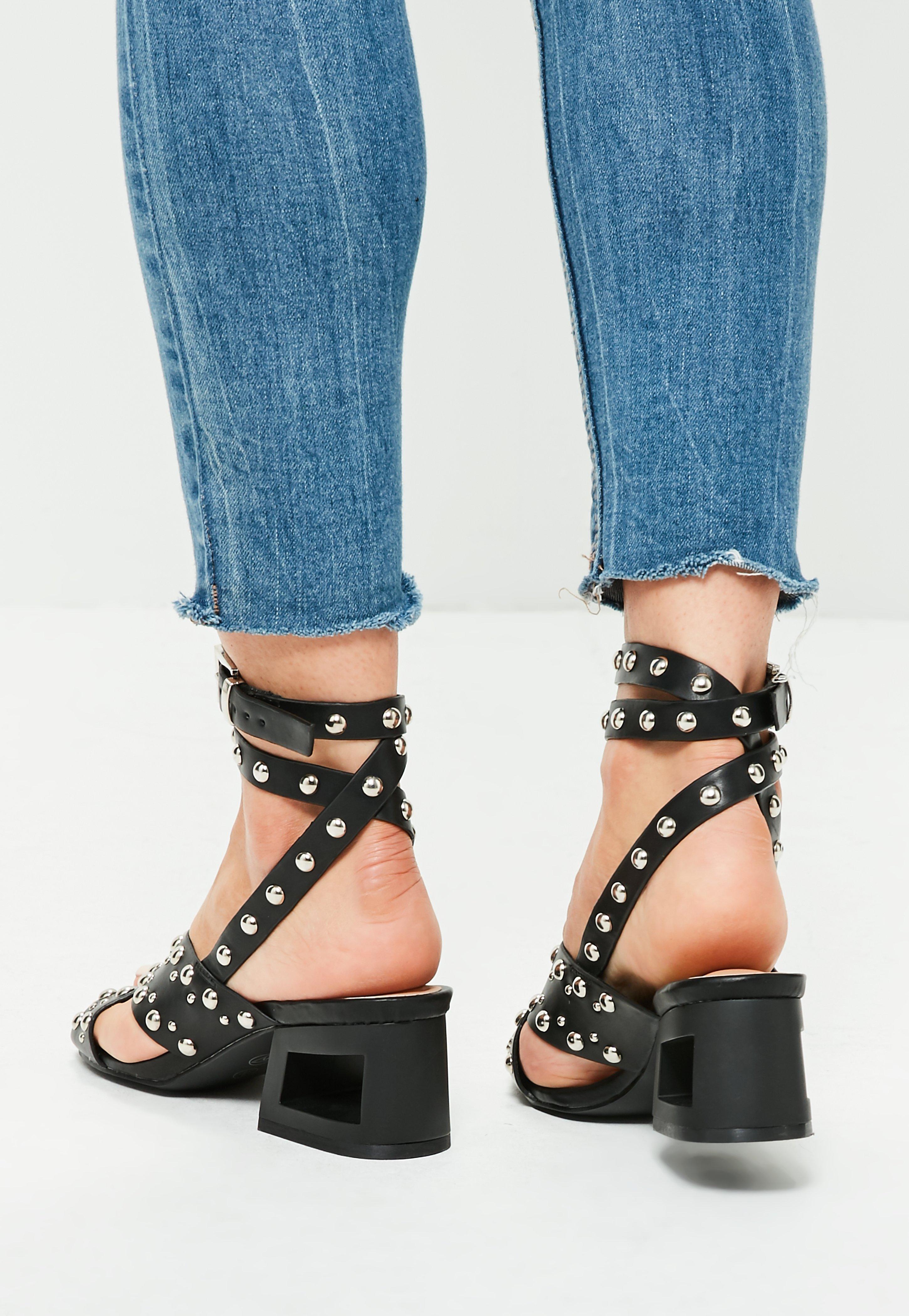 Missguided Black Studded Cut Out Block Heel Sandals - Lyst
