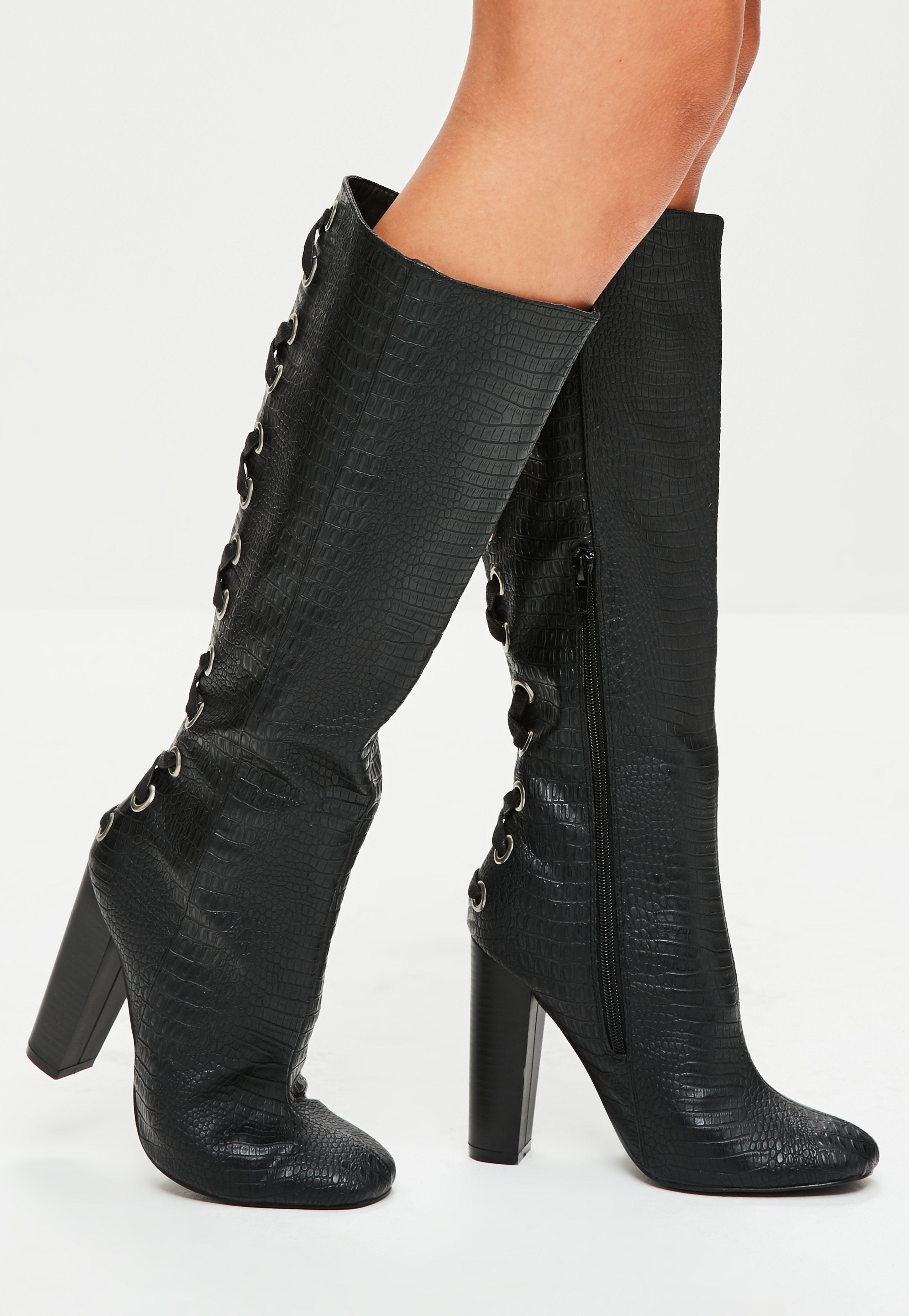 Missguided Black Snake Print Lace Up Knee High Boots - Lyst