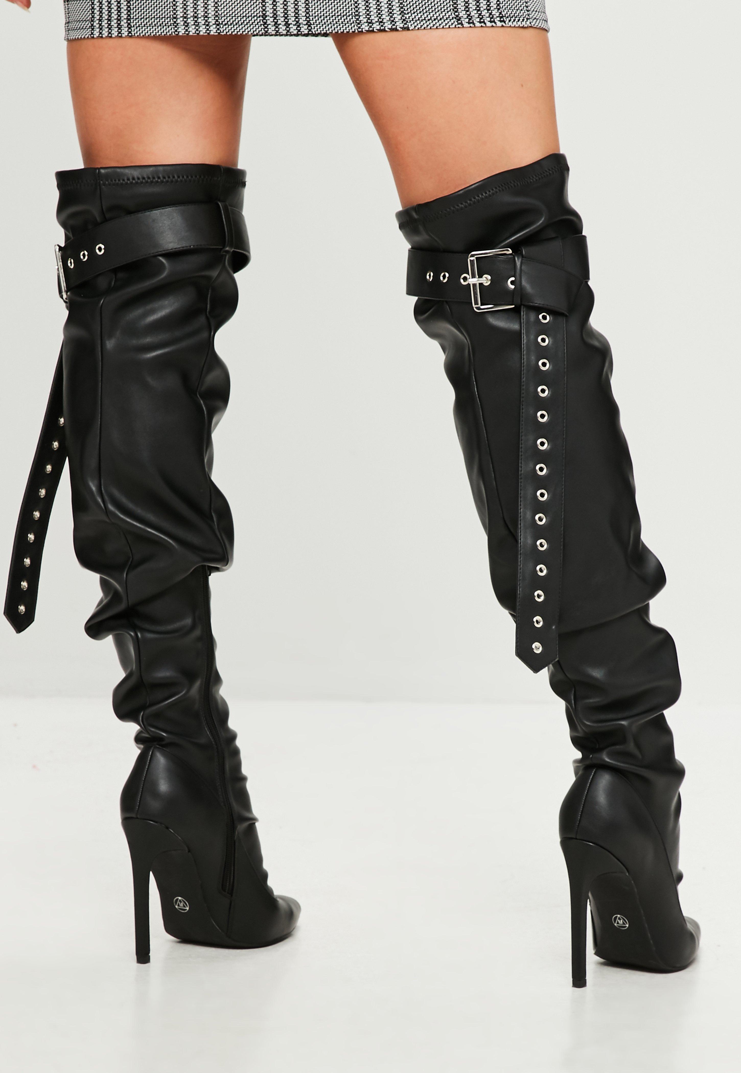 Missguided Black Belt Buckle Thigh High Boots - Lyst