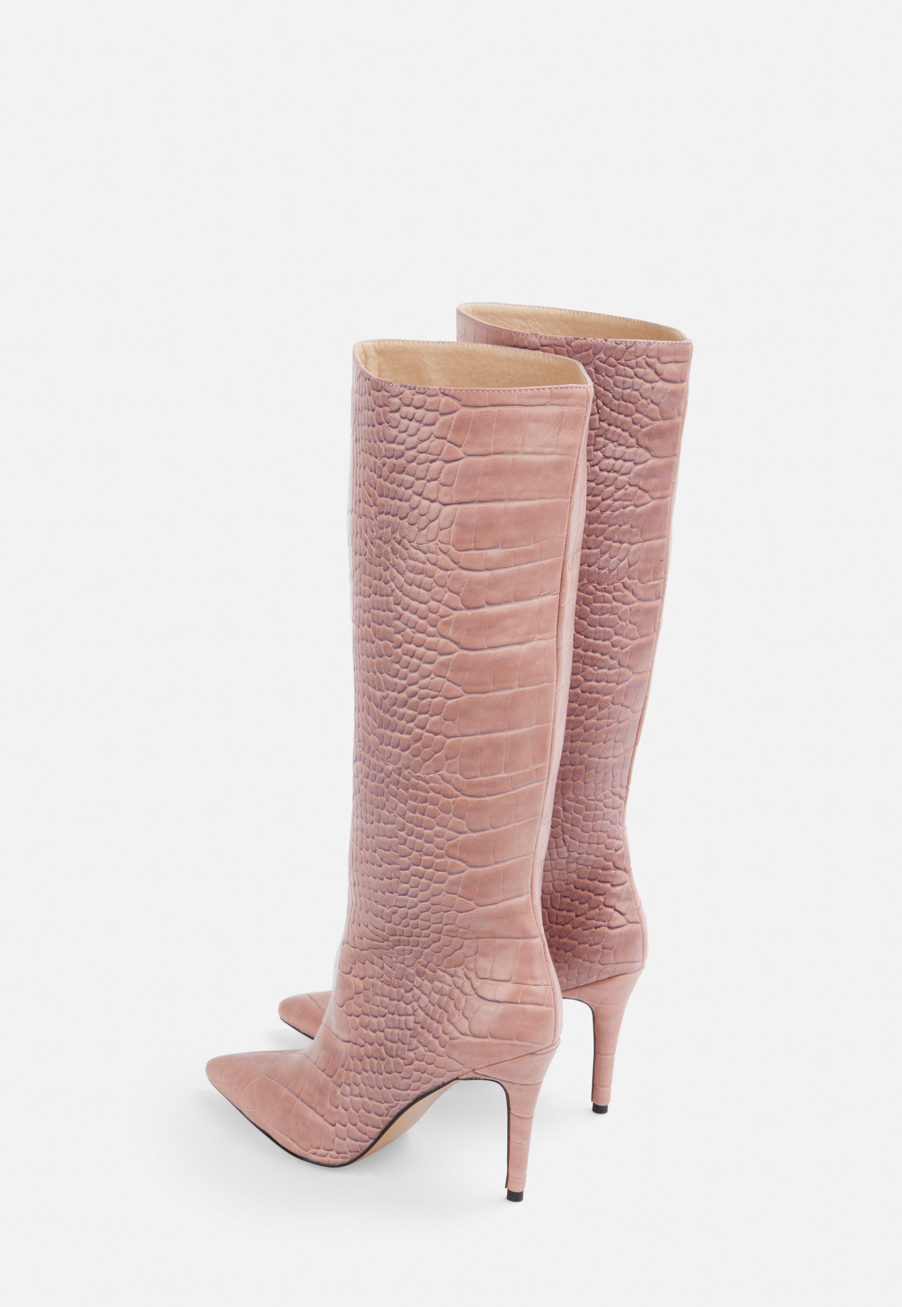 Missguided Pink Mock Croc Mid Heel Knee 