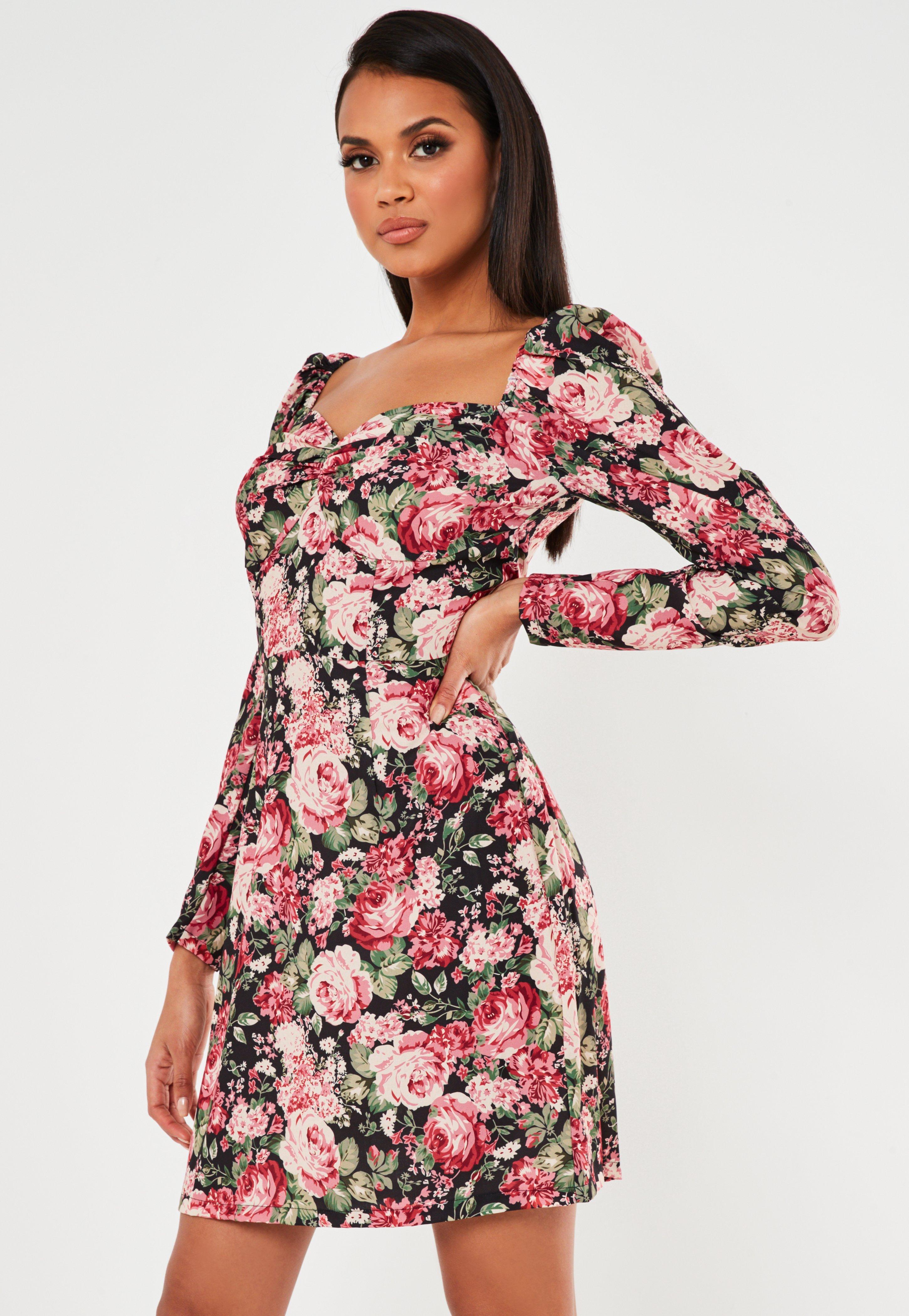 Missguided Synthetic Pink Floral Print Sweetheart Neck Shift Dress - Lyst