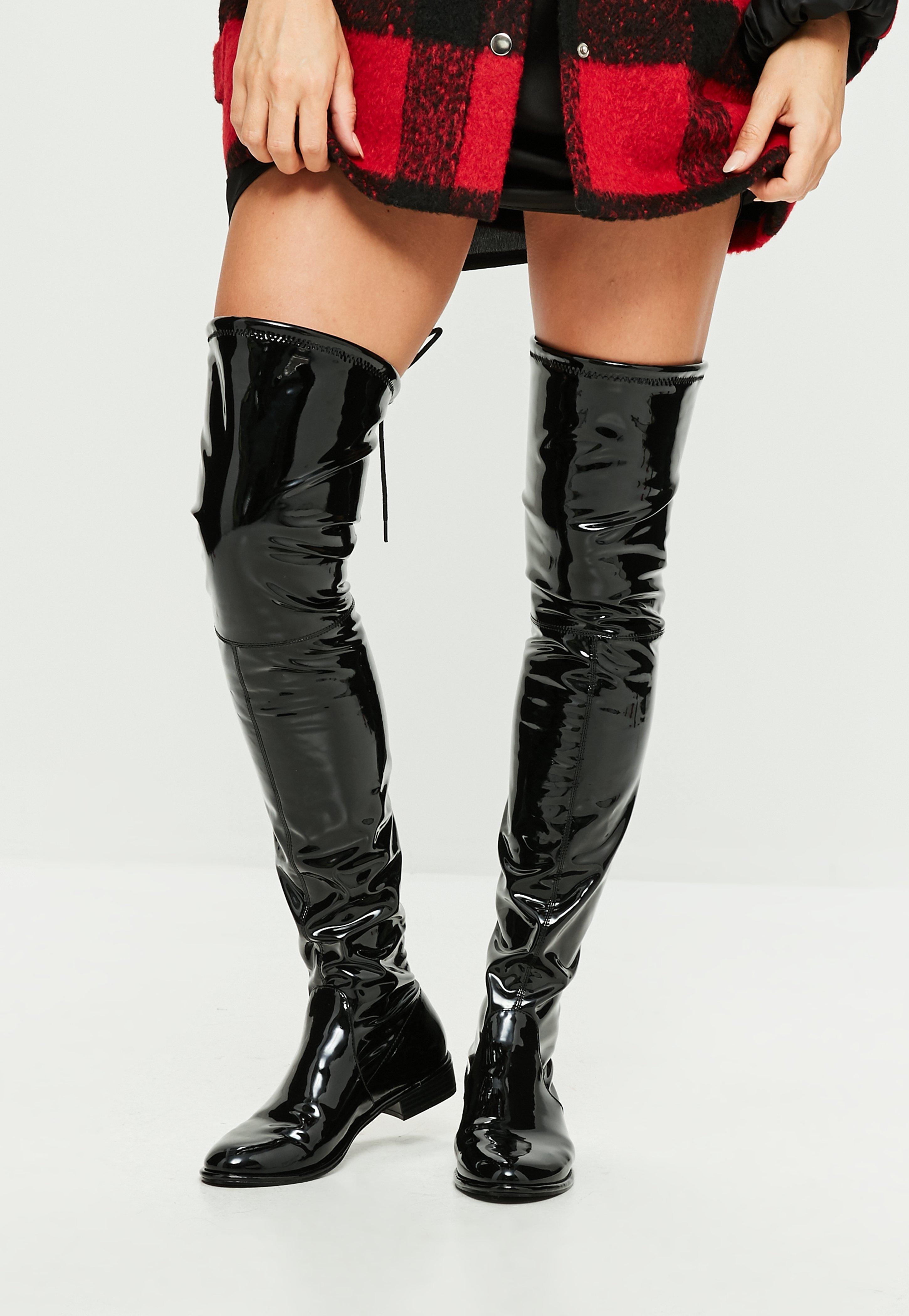 Missguided Black Round Toe Vinyl Over The Knee Boots - Lyst